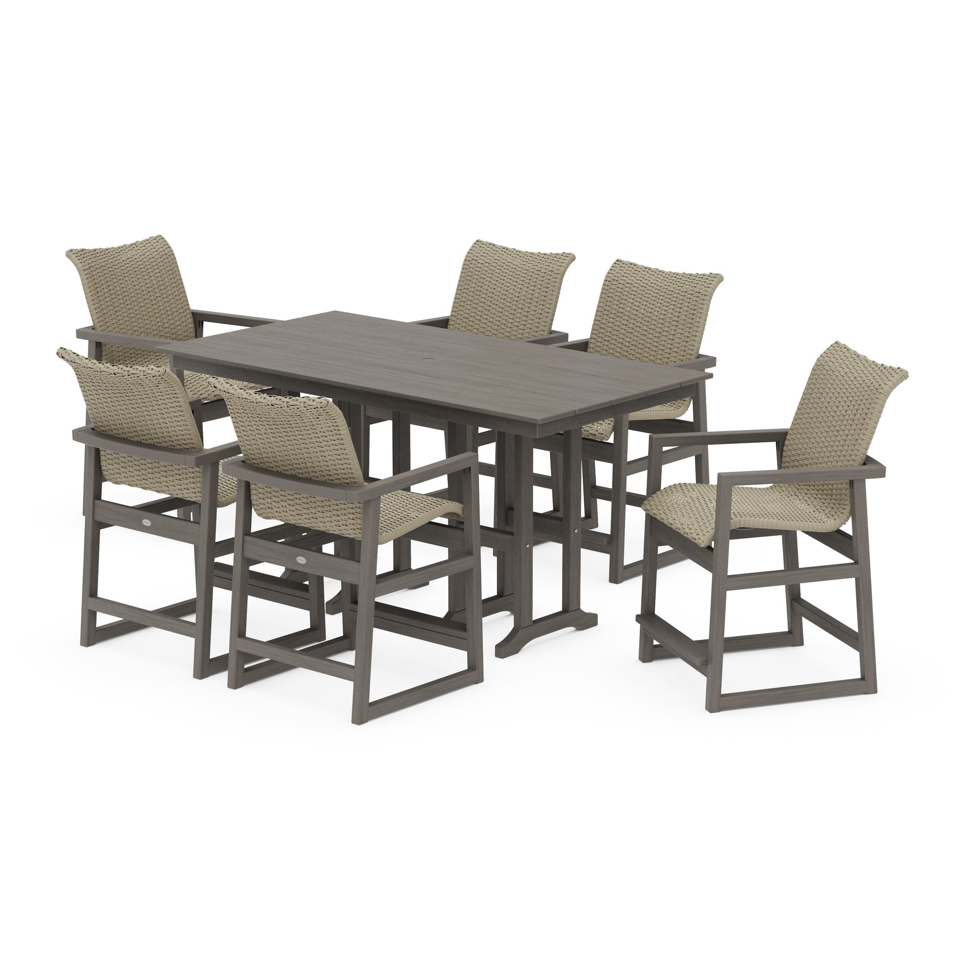 POLYWOOD EDGE Woven Arm Chair 7-Piece Farmhouse Counter Set — Driftwood / Dune Grass