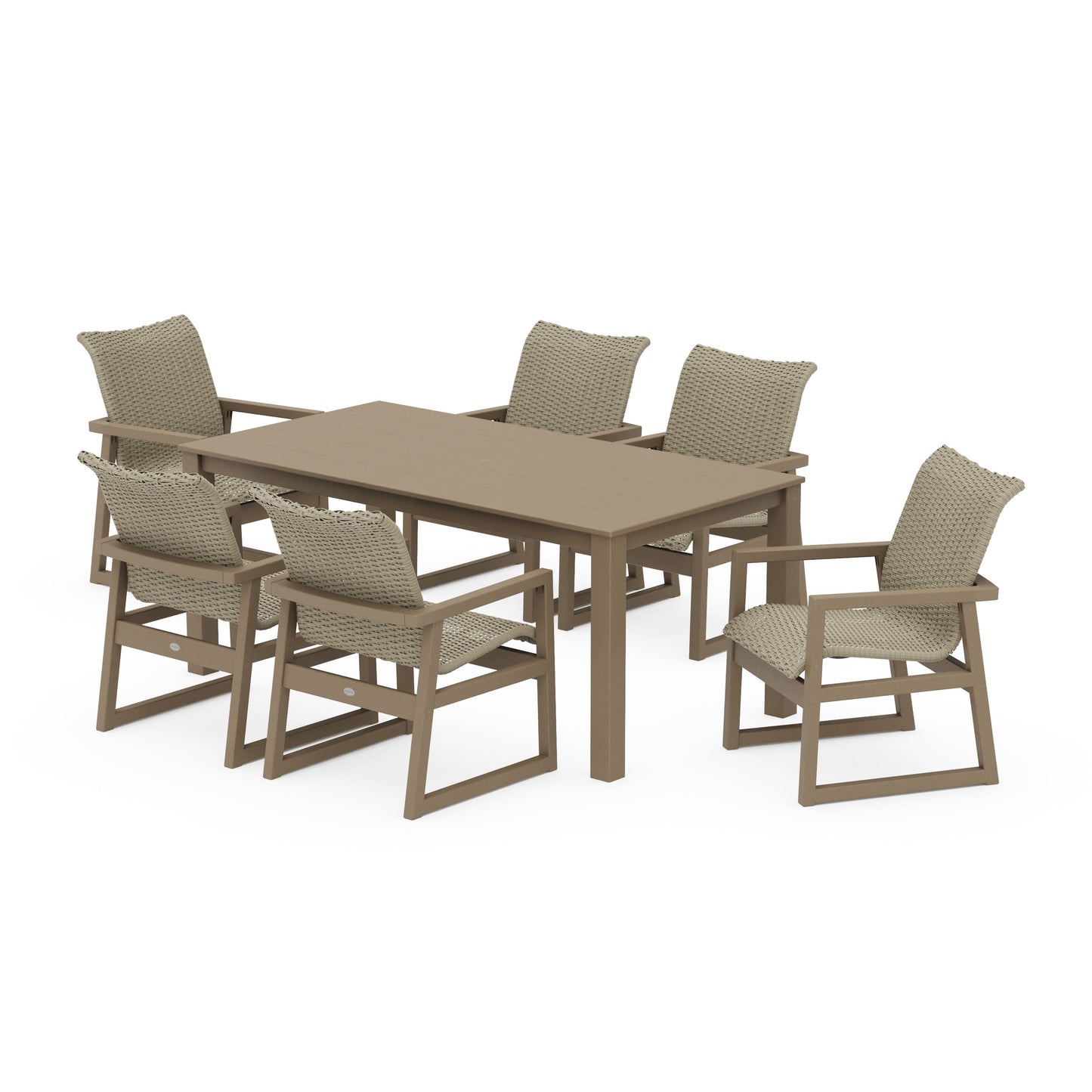 POLYWOOD EDGE Woven Arm Chair 7-Piece Parsons Dining Set — Vintage Sahara / Dune Grass