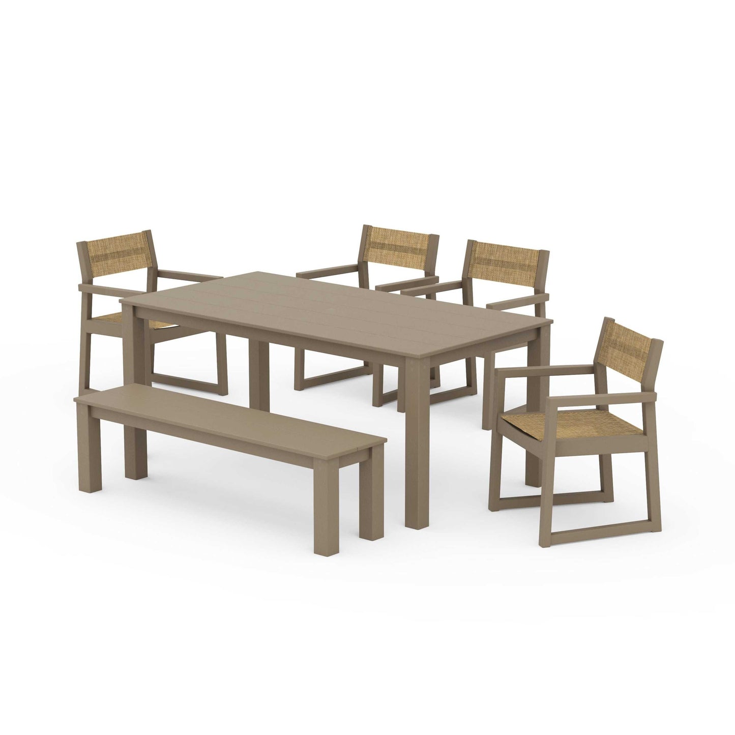POLYWOOD EDGE Sling Arm Chair 6-Piece Parsons Dining Set with Bench — Vintage Sahara / Burlap Sling