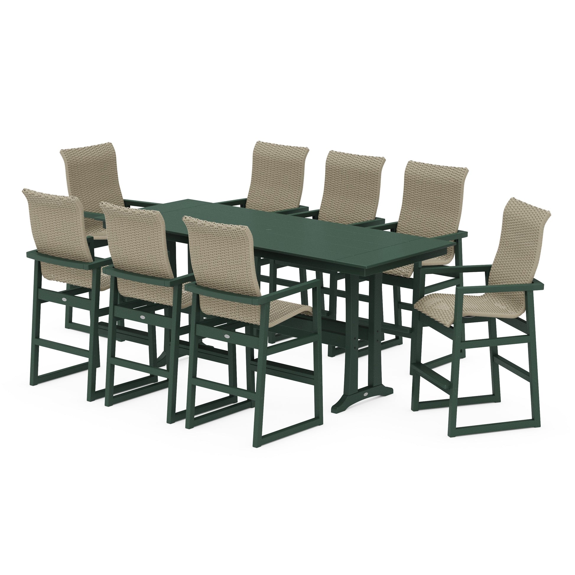 POLYWOOD EDGE Woven Highback 9-Piece Farmhouse Bar Set with Trestle Legs — Green / Dune Grass