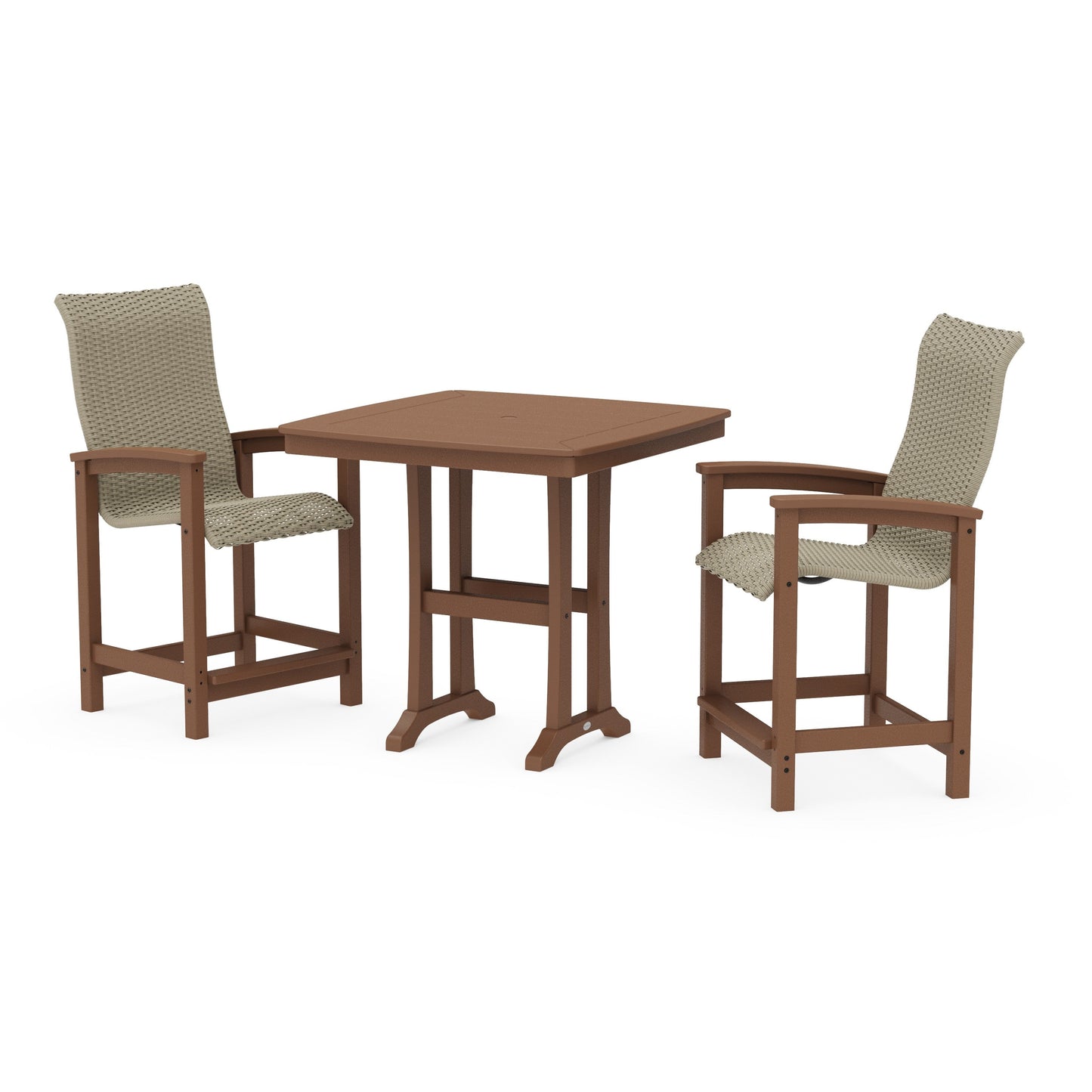 POLYWOOD Coastal Woven High-Back 3-Piece Counter Set with Trestle Legs — Teak / Dune Grass