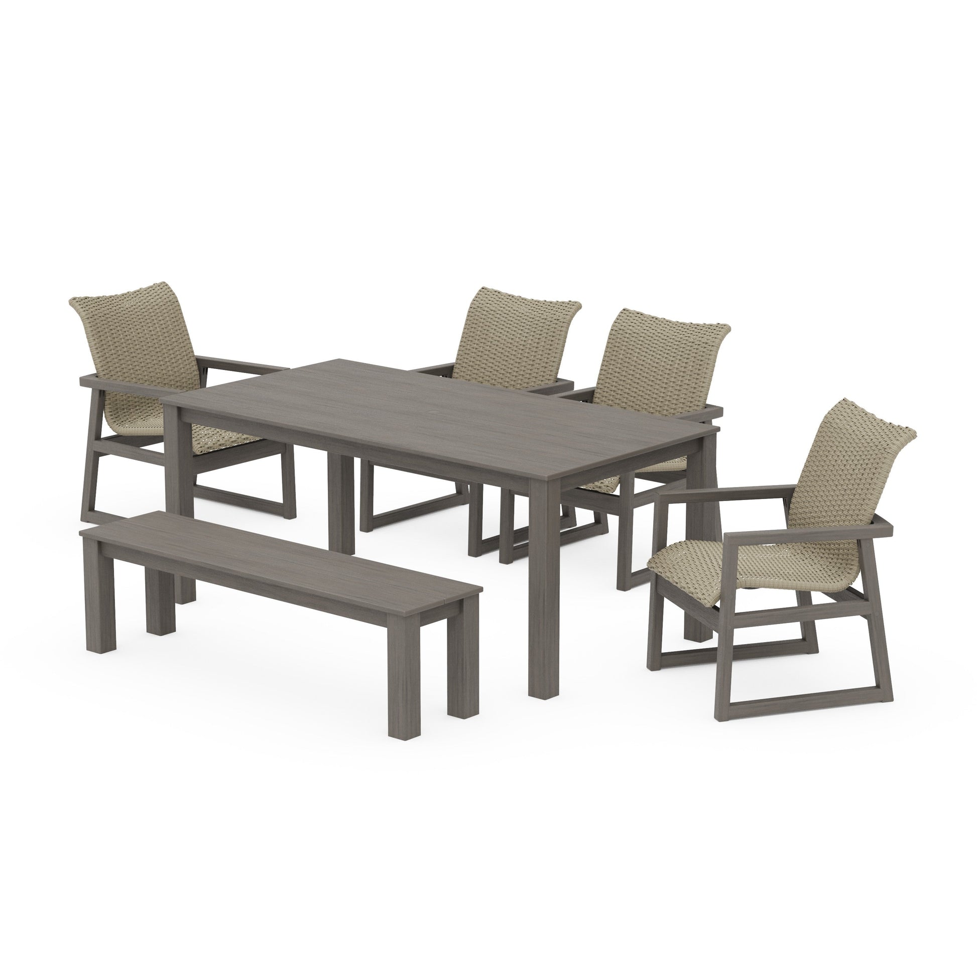 POLYWOOD EDGE Woven 6-Piece Parsons Dining Set with Bench — Driftwood / Dune Grass