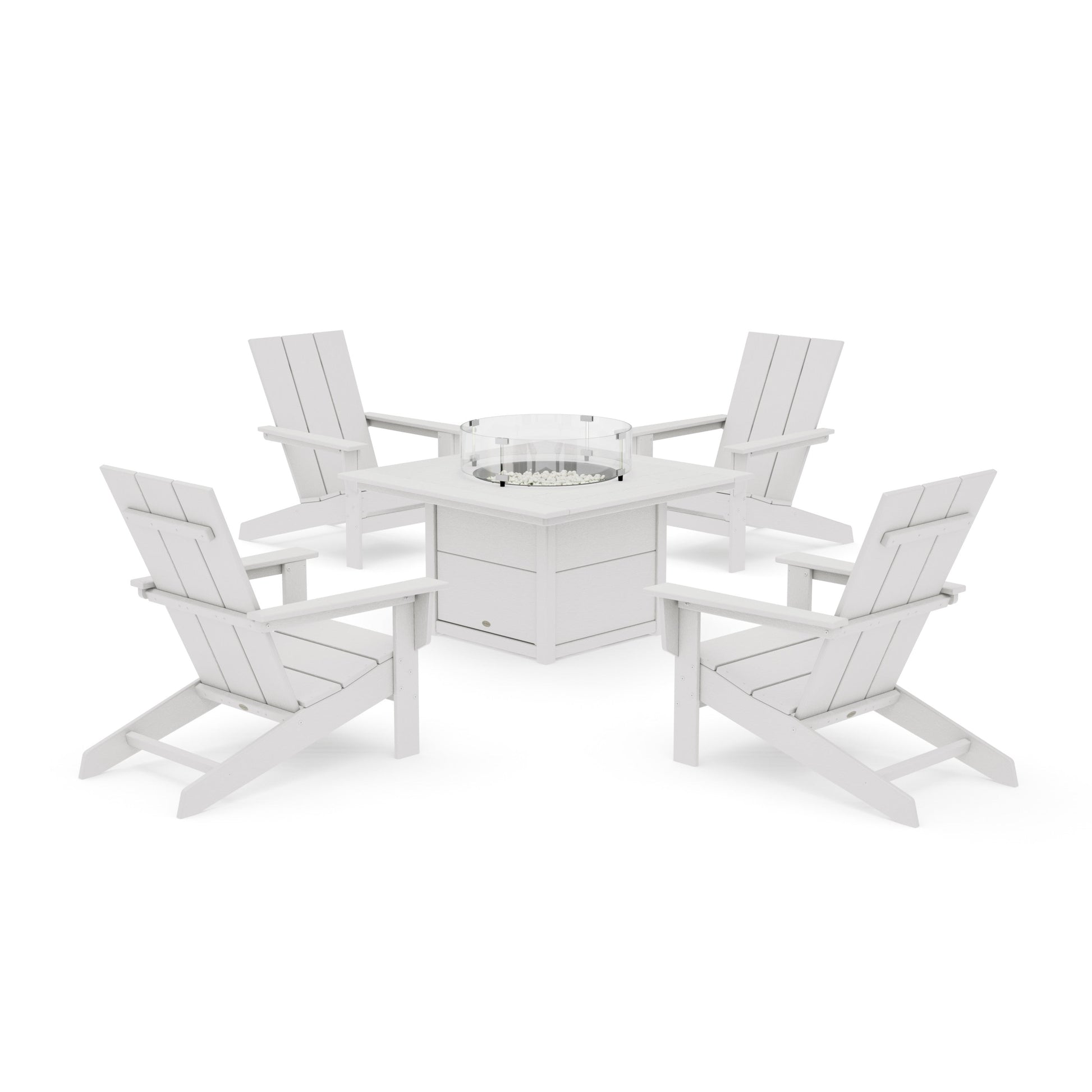 POLYWOOD 5-Piece Modern Studio Adirondack Conversation Set with Fire Pit Table — Vintage White