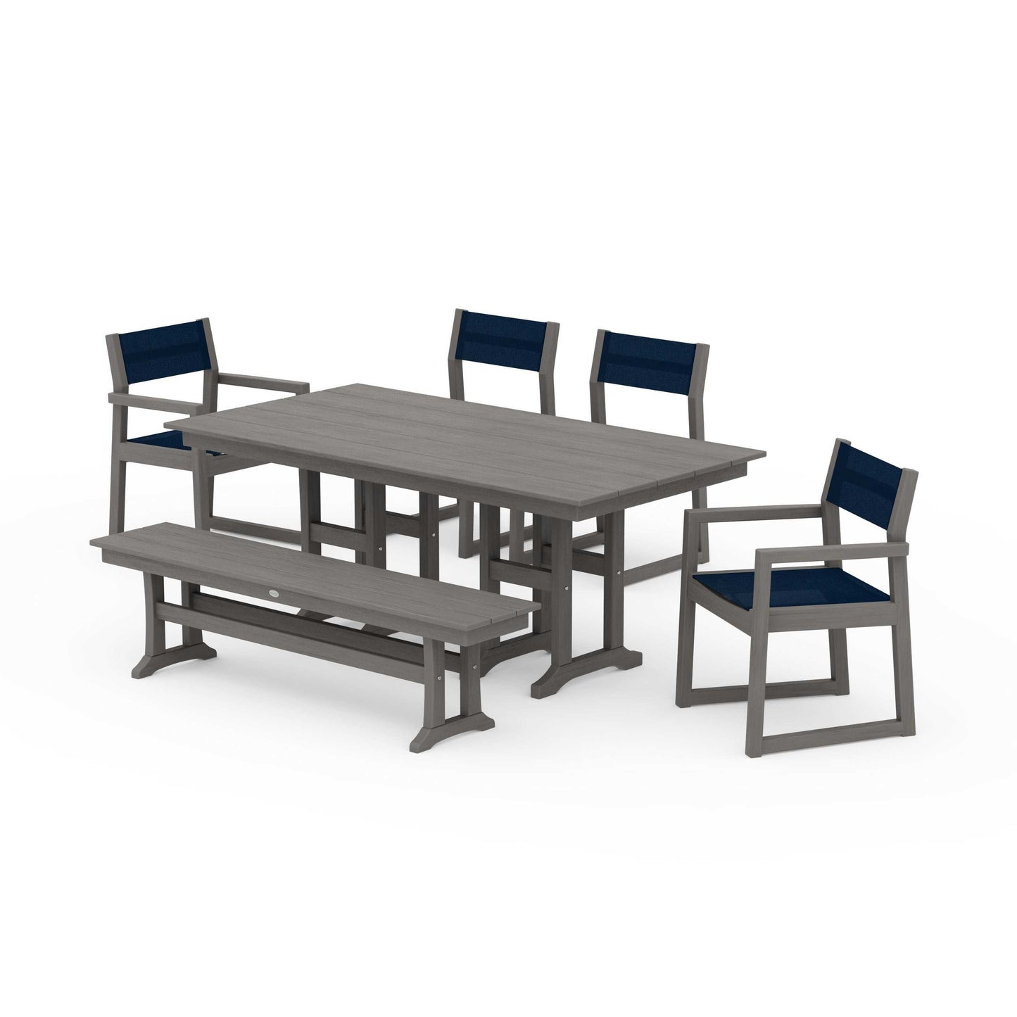 POLYWOOD EDGE Sling 6-Piece Farmhouse Dining Set — Driftwood / Navy Blue Sling