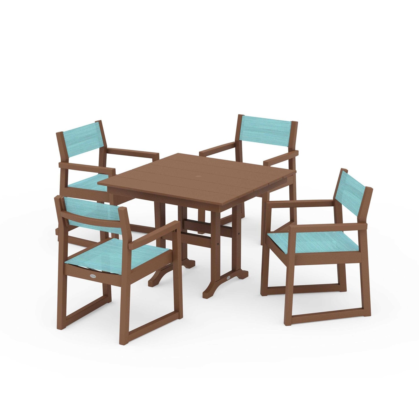 POLYWOOD EDGE Sling Arm Chair 5-Piece Farmhouse Dining Set — Teak / Dupioni Aquamarine Sling