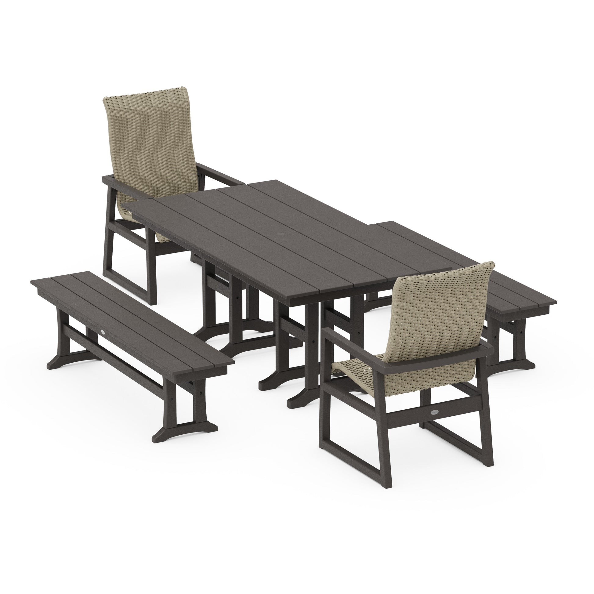 POLYWOOD EDGE Woven Highback 5-Piece Farmhouse Dining Set with Benches — Vintage Coffee / Dune Grass