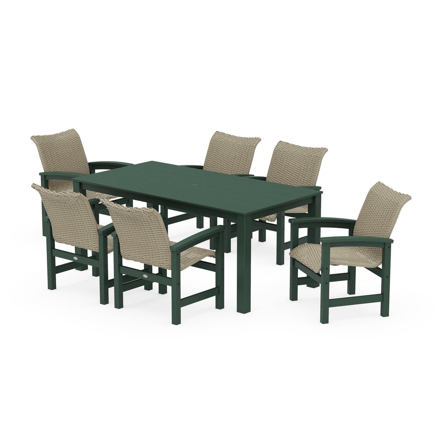 POLYWOOD Coastal Woven Arm Chair 7-Piece Parsons Dining Set — Green / Dune Grass