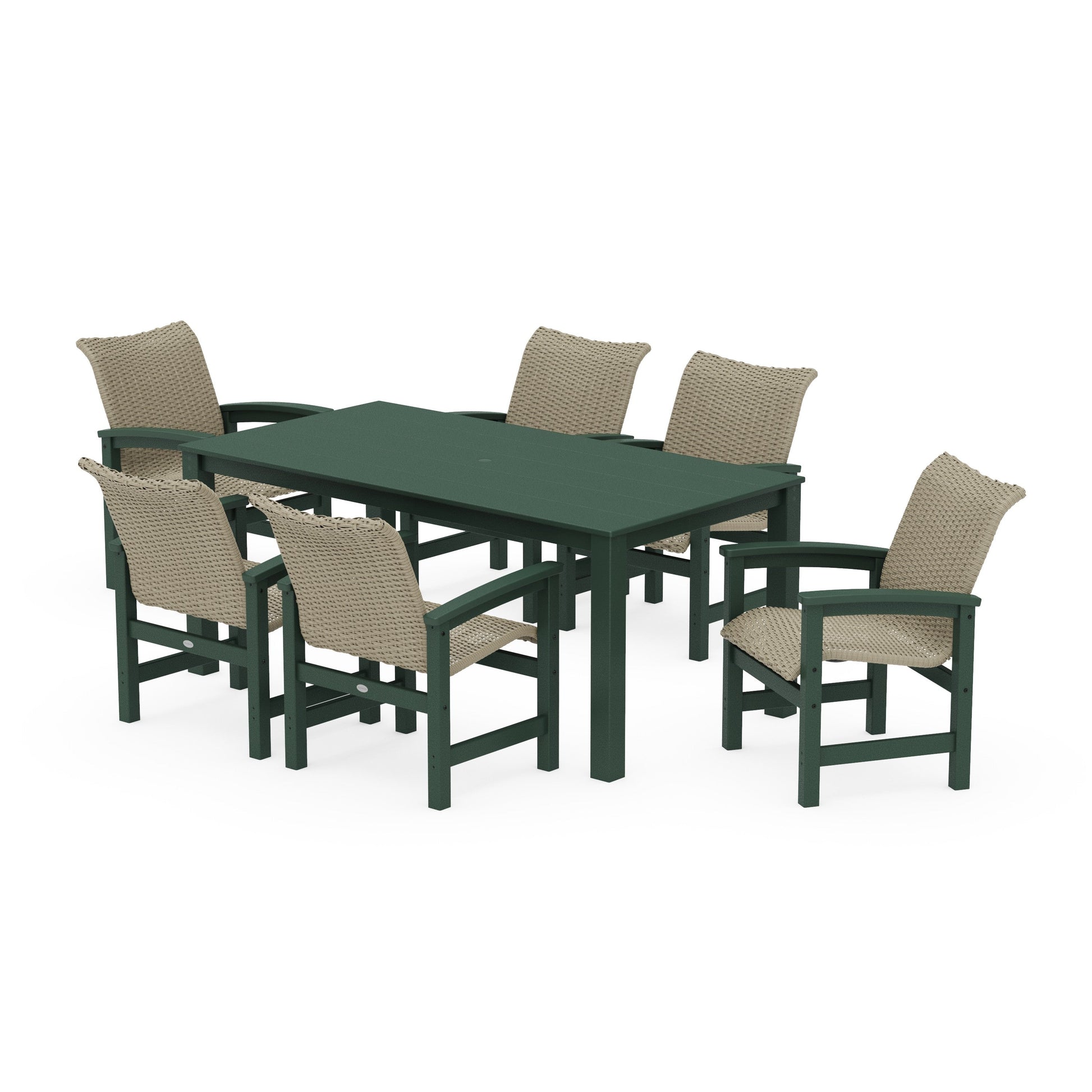 POLYWOOD Coastal Woven Arm Chair 7-Piece Parsons Dining Set — Green / Dune Grass