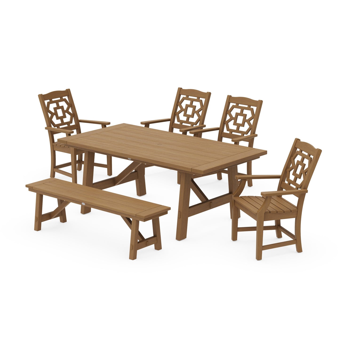 POLYWOOD Chinoiserie 6-Piece Rustic Farmhouse Dining Set with Bench — Natural