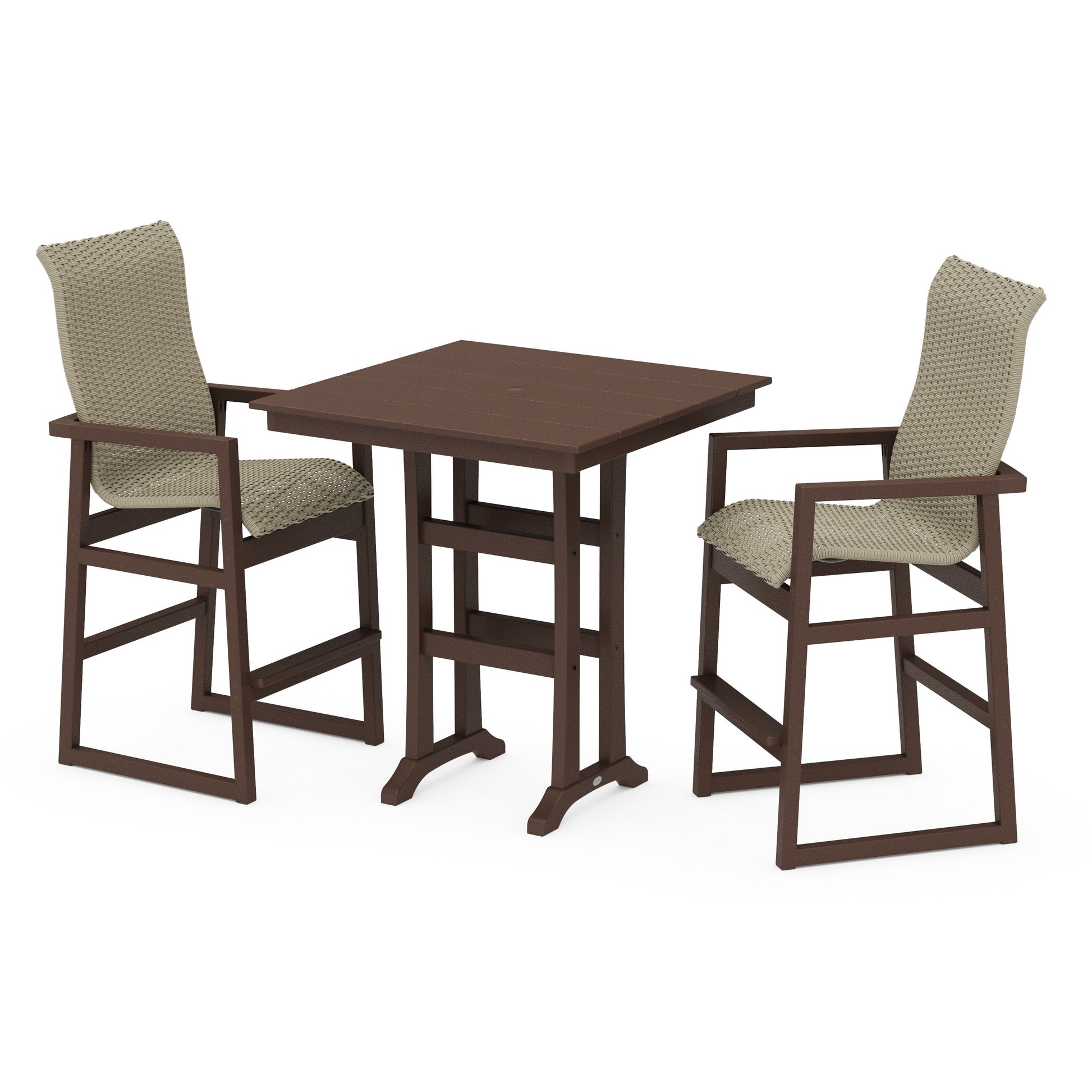 POLYWOOD EDGE Woven Highback 3-Piece Farmhouse Bar Set with Trestle Legs — Mahogany / Dune Grass