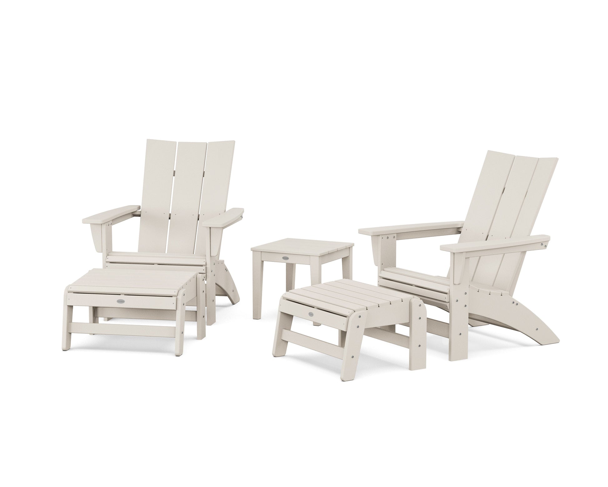 POLYWOOD 5-Piece Modern Grand Adirondack Set with Ottomans and Side Table — Sand