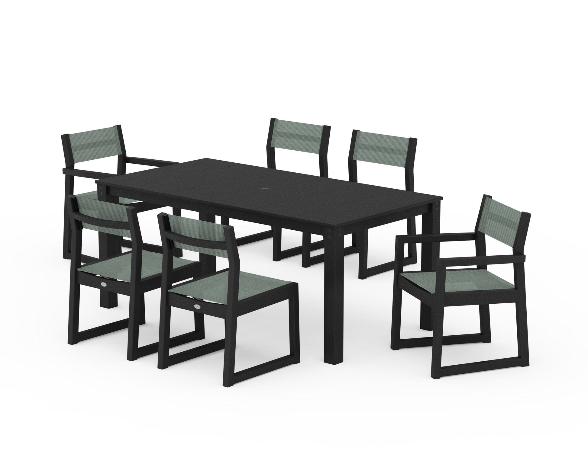 POLYWOOD EDGE Sling 7-Piece Parsons Dining Set — Black / Dupioni Sea Mist Sling