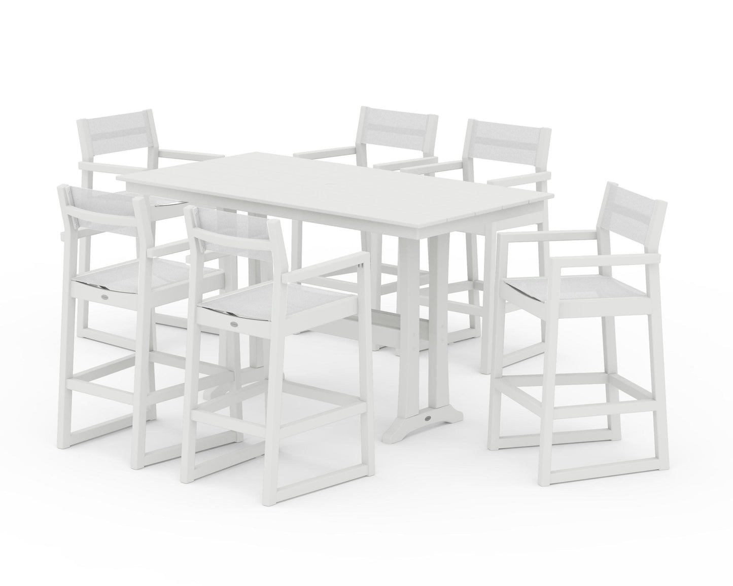 POLYWOOD EDGE Sling Arm Chair 7-Piece Farmhouse Bar Set with Trestle Legs — Vintage White / White Sling