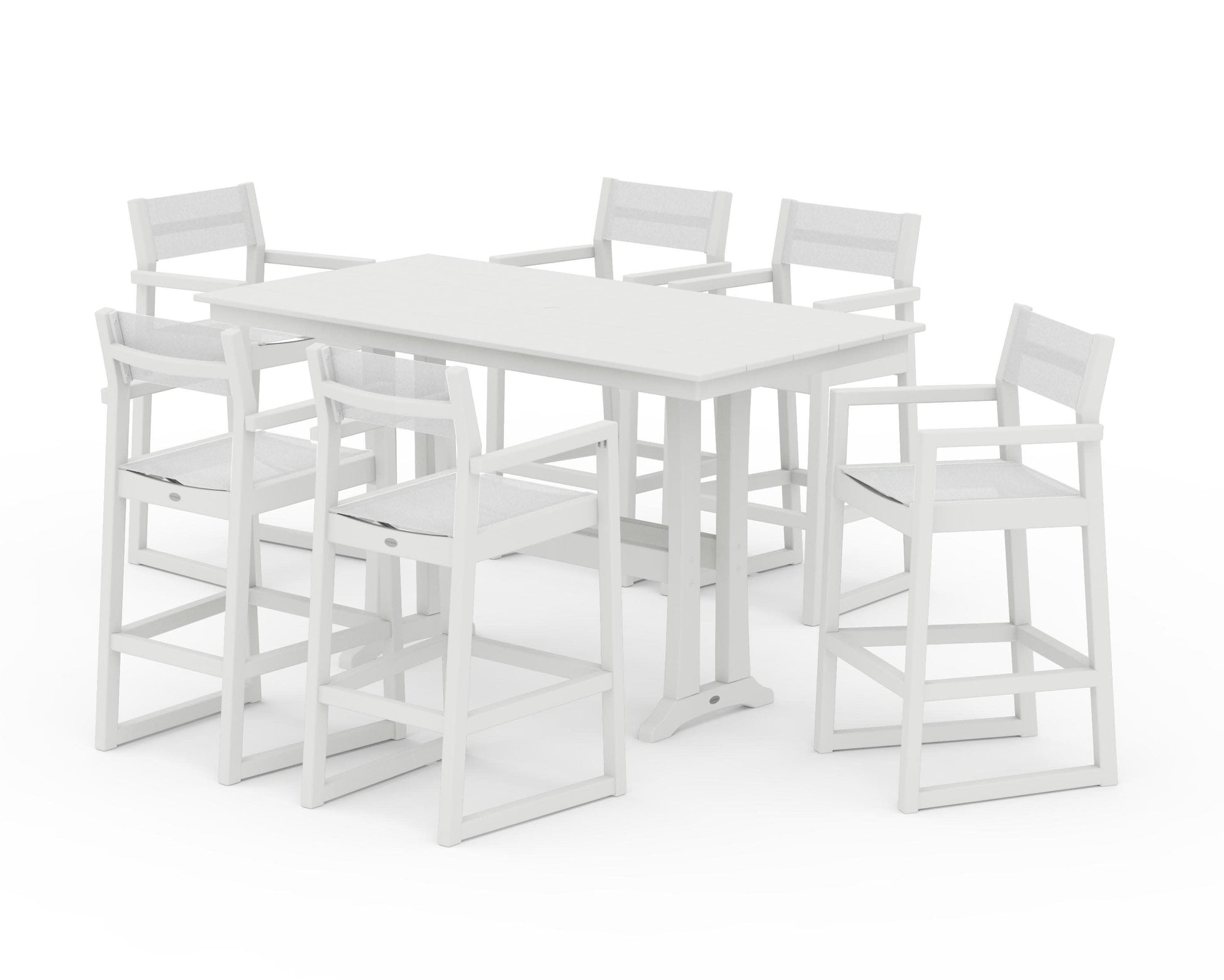 POLYWOOD EDGE Sling Arm Chair 7-Piece Farmhouse Bar Set with Trestle Legs — Vintage White / White Sling