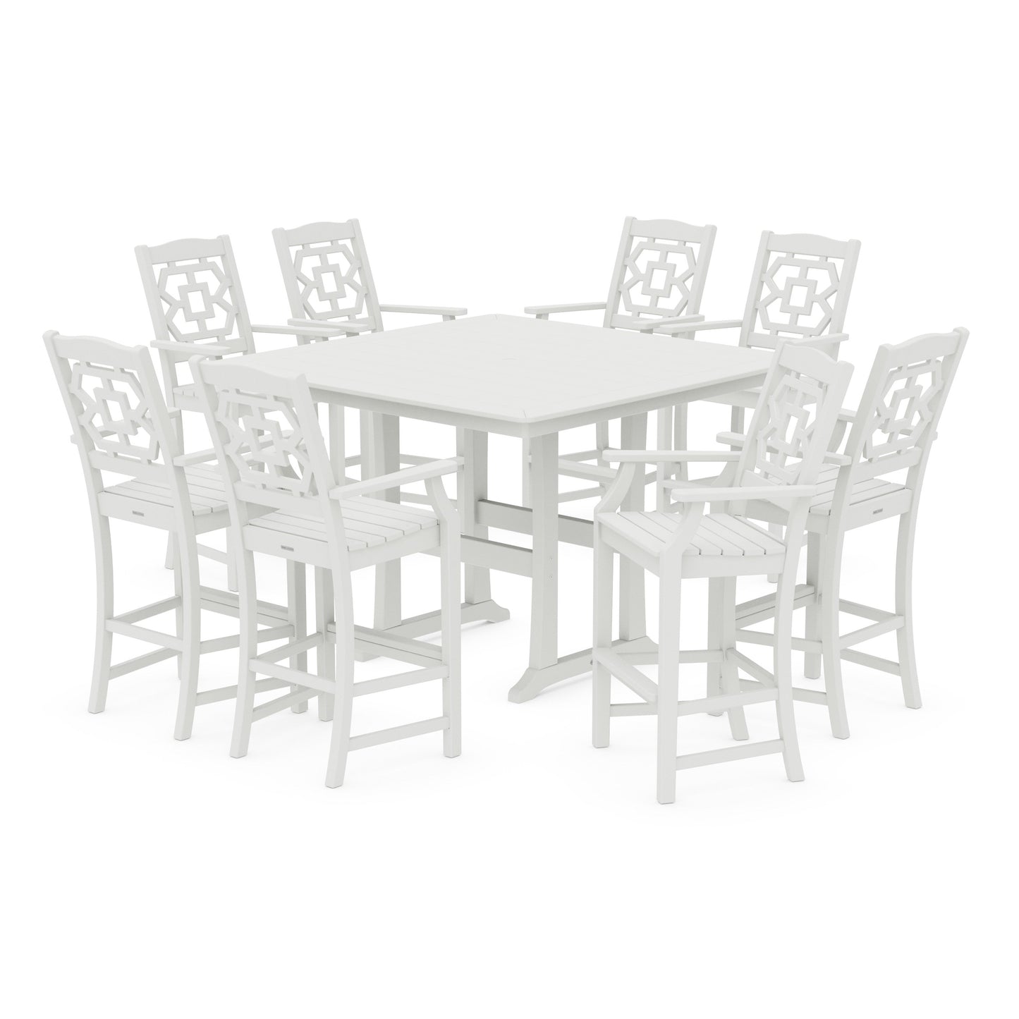 POLYWOOD Chinoiserie 9-Piece Square Side Chair Bar Set with Trestle Legs — Vintage White