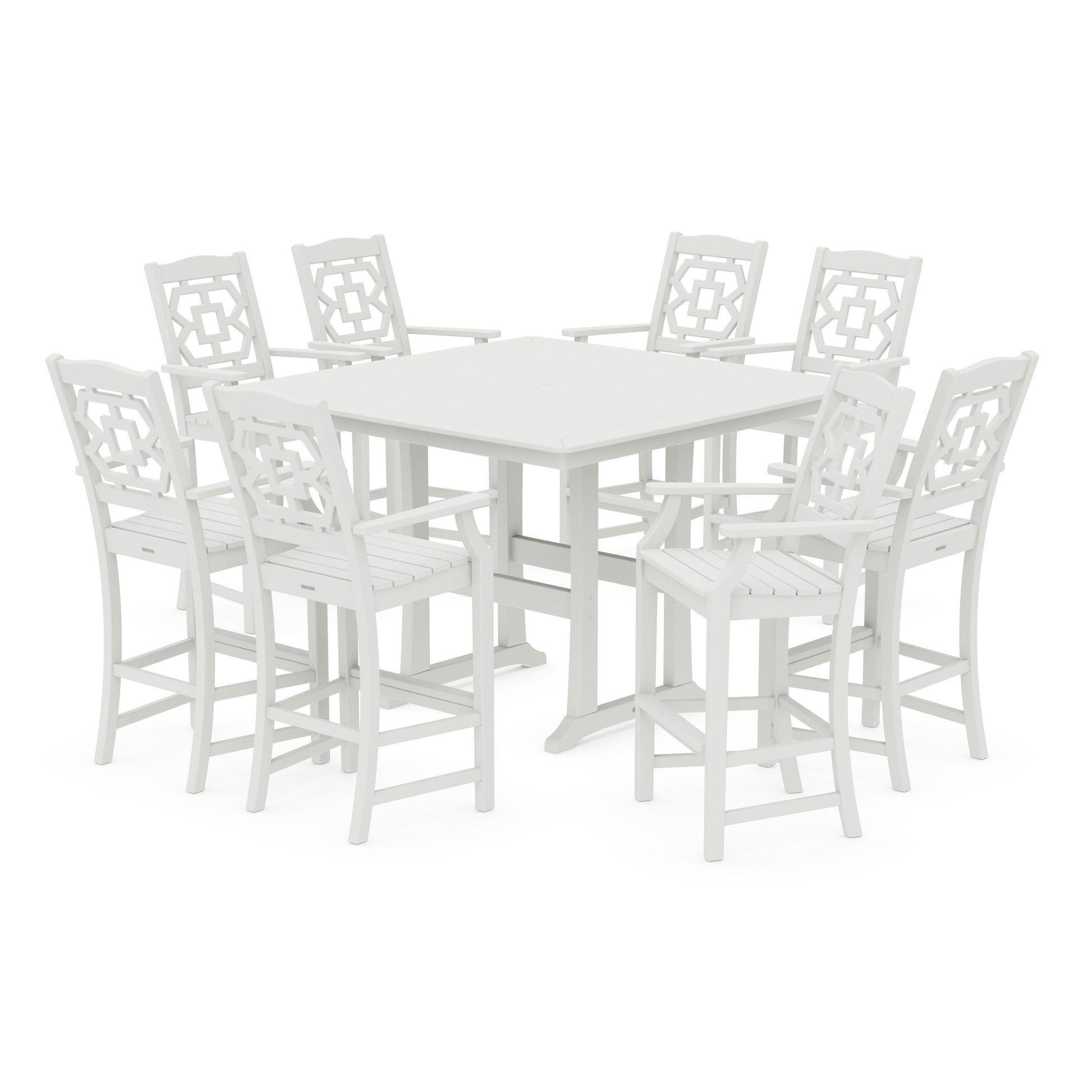 POLYWOOD Chinoiserie 9-Piece Square Side Chair Bar Set with Trestle Legs — Vintage White