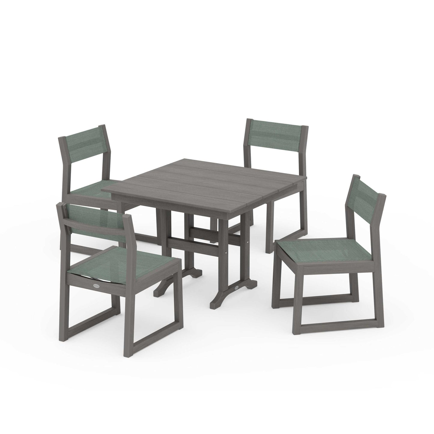 POLYWOOD EDGE Sling Side Chair 5-Piece Farmhouse Dining Set — Driftwood / Dupioni Sea Mist Sling