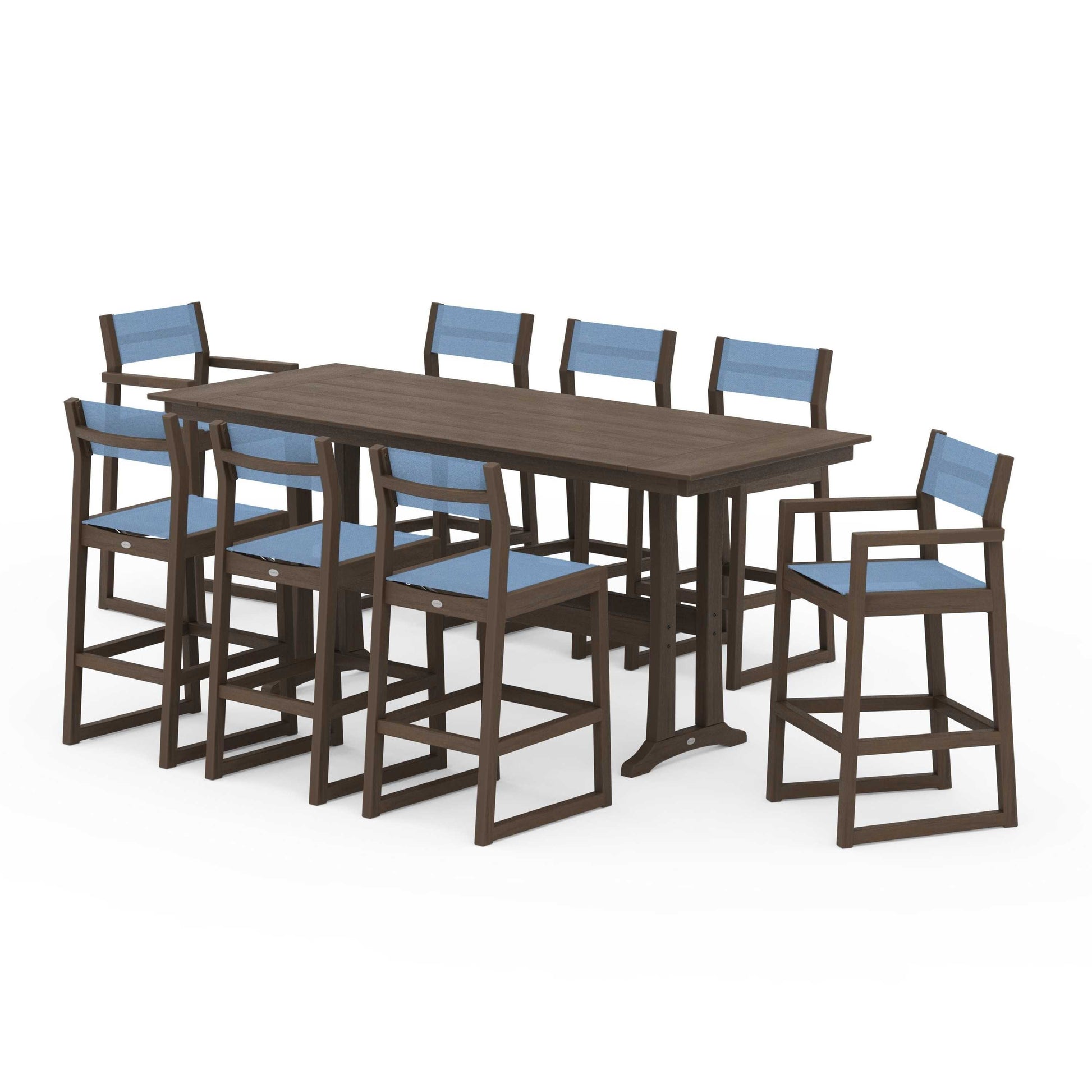 POLYWOOD EDGE Sling 9-Piece Farmhouse Bar Set with Trestle Legs — Kona / Poolside Sling