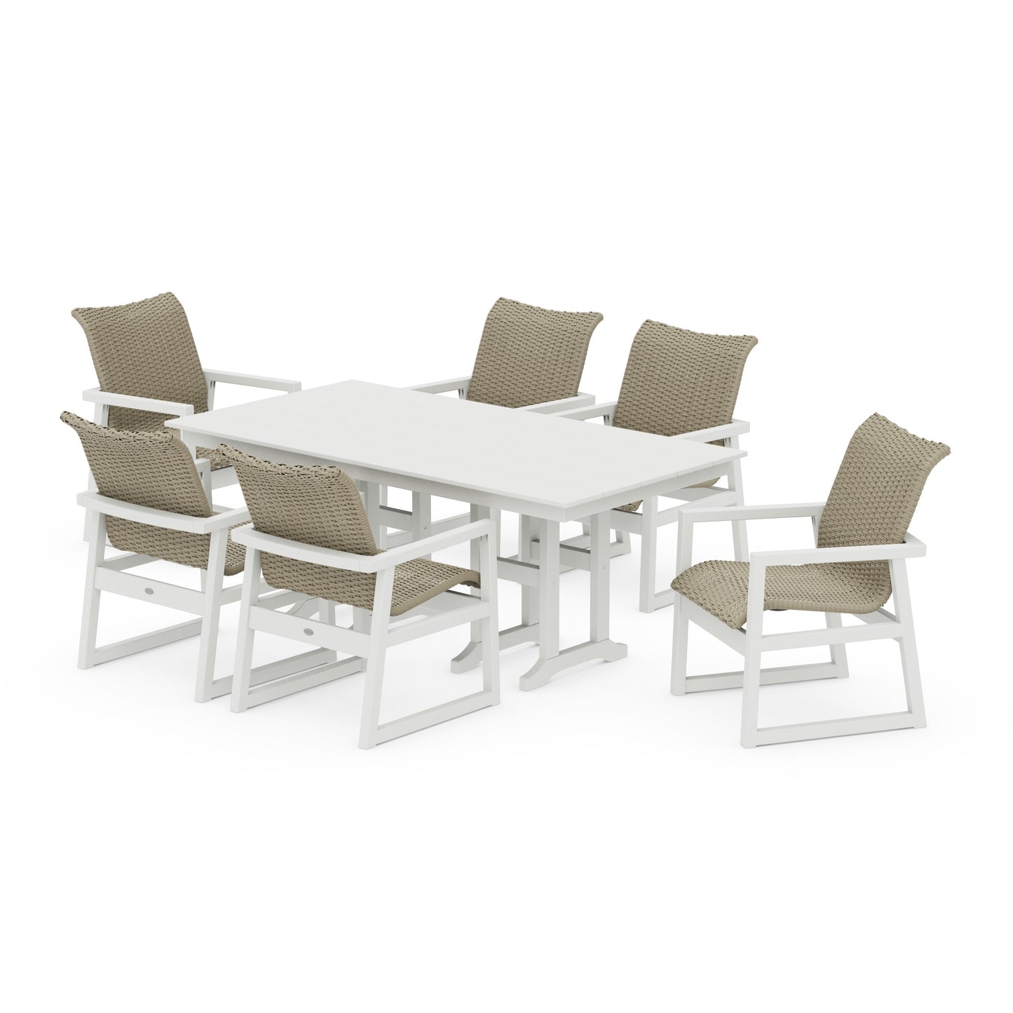 POLYWOOD EDGE Woven Arm Chair 7-Piece Farmhouse Dining Set — White / Dune Grass