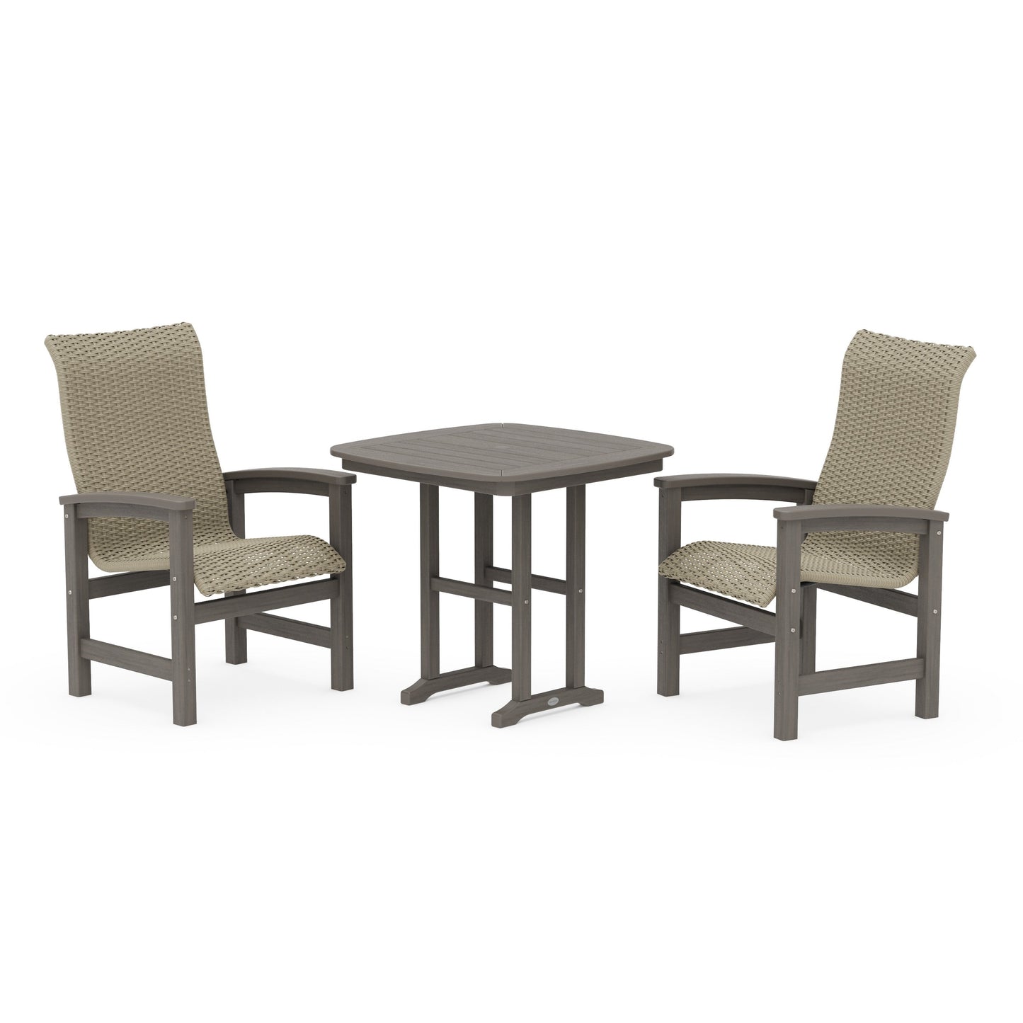 POLYWOOD Coastal Woven High-Back 3-Piece Dining Set — Driftwood / Dune Grass