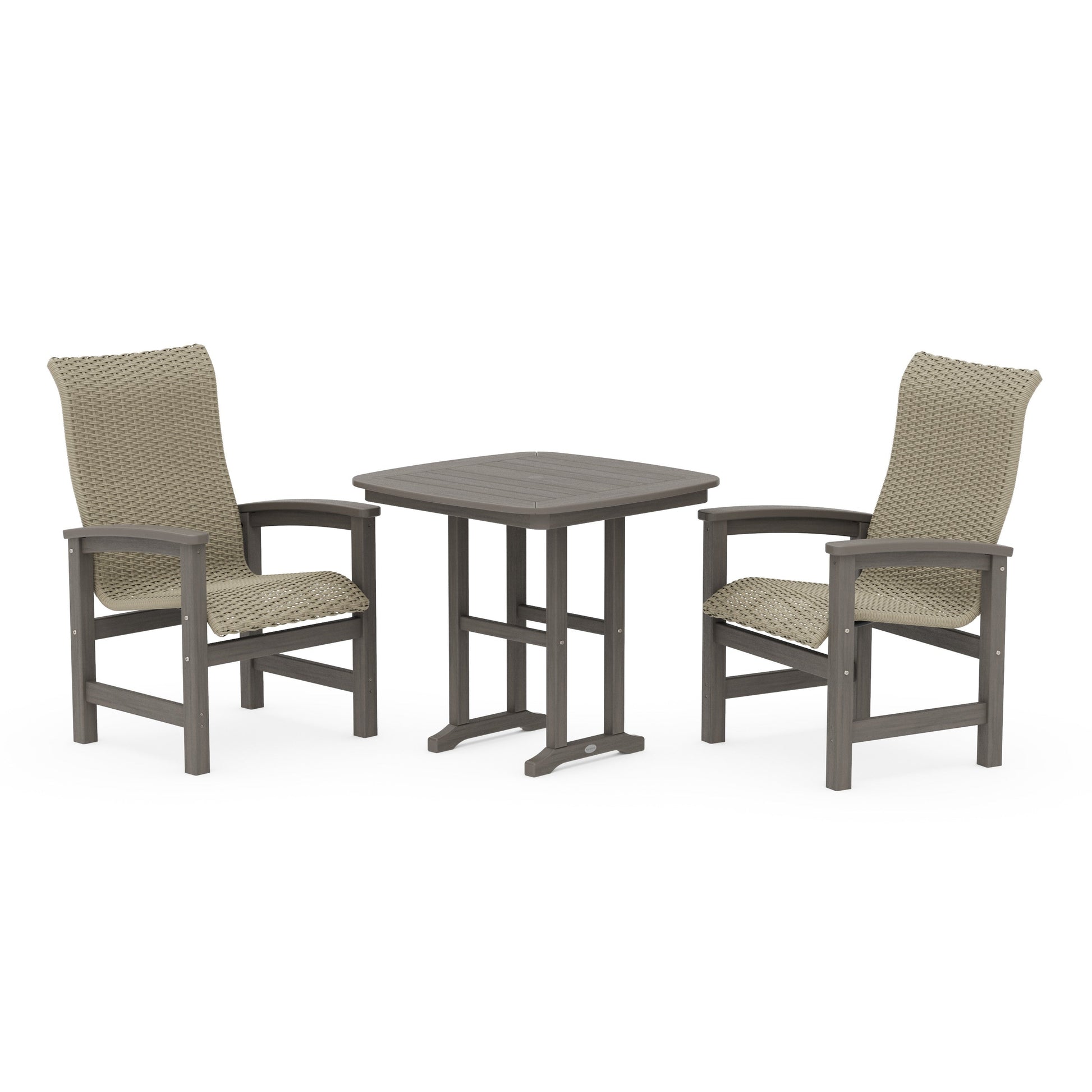 POLYWOOD Coastal Woven High-Back 3-Piece Dining Set — Driftwood / Dune Grass