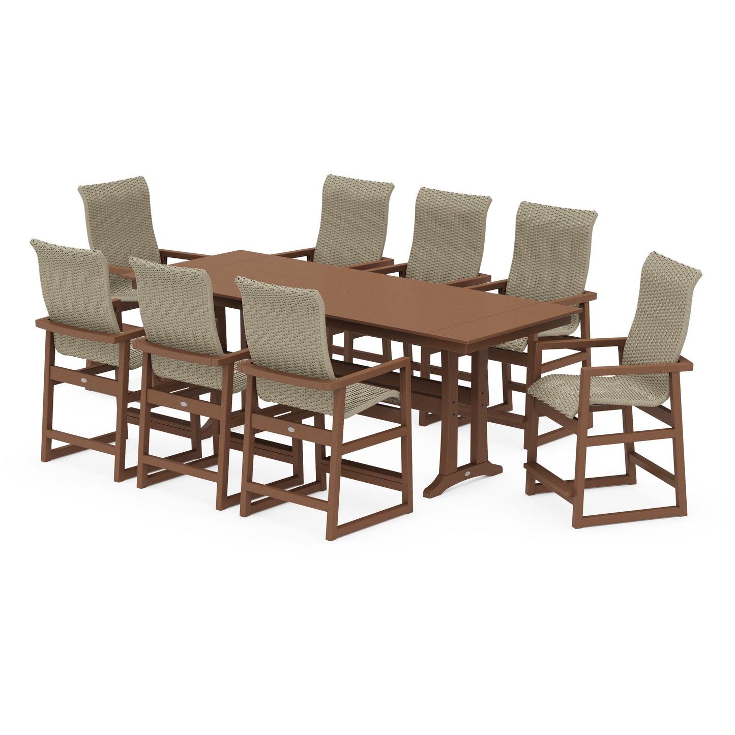 POLYWOOD EDGE Woven Highback 9-Piece Farmhouse Counter Set with Trestle Legs — Teak / Dune Grass