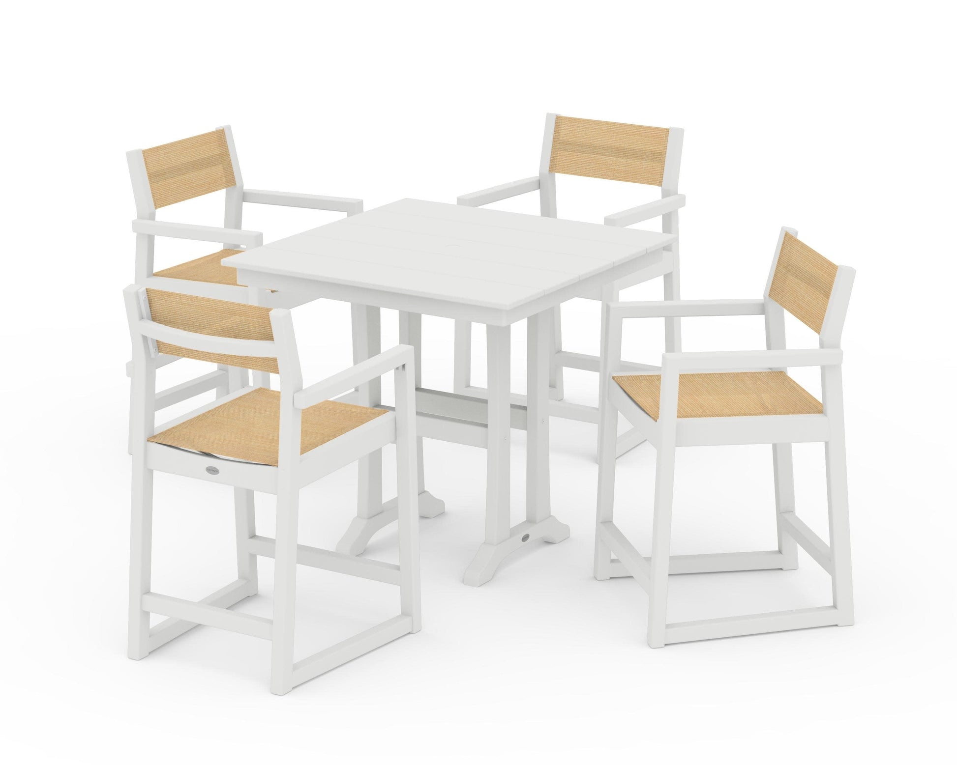 POLYWOOD EDGE Sling Arm Chair 5-Piece Farmhouse Counter Set with Trestle Legs — Vintage White / Dupioni Apricot Sling