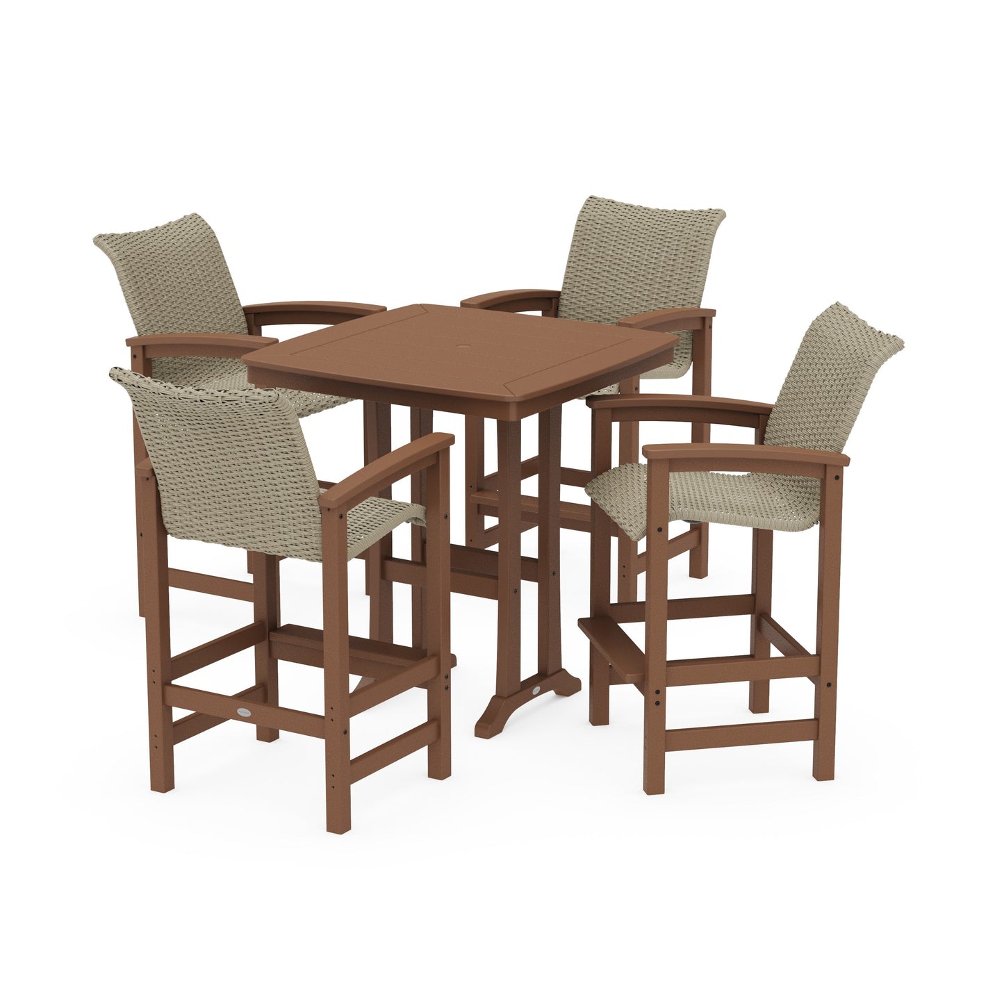 POLYWOOD Coastal Woven 5-Piece Bar Set with Trestle Legs — Teak / Dune Grass