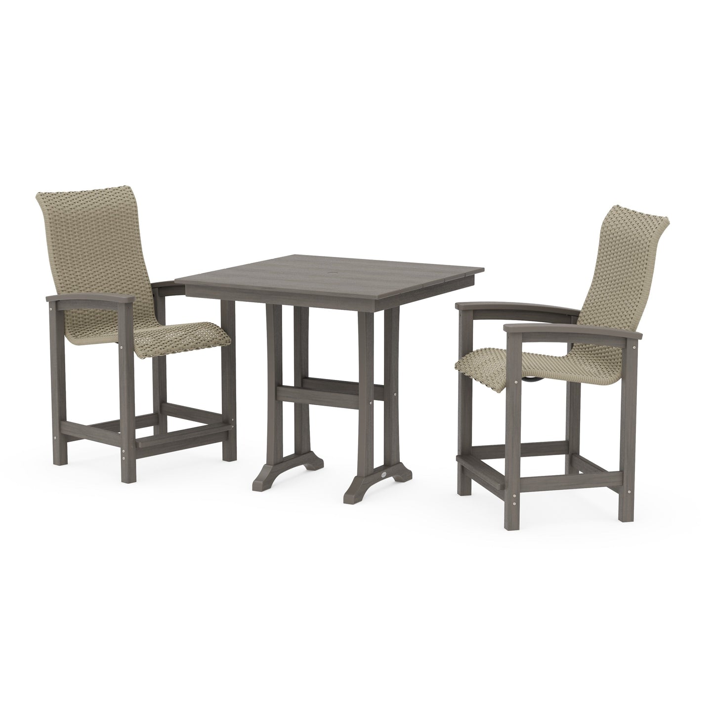 POLYWOOD Coastal Woven High-Back 3-Piece Farmhouse Counter Set with Trestle Legs — Driftwood / Dune Grass