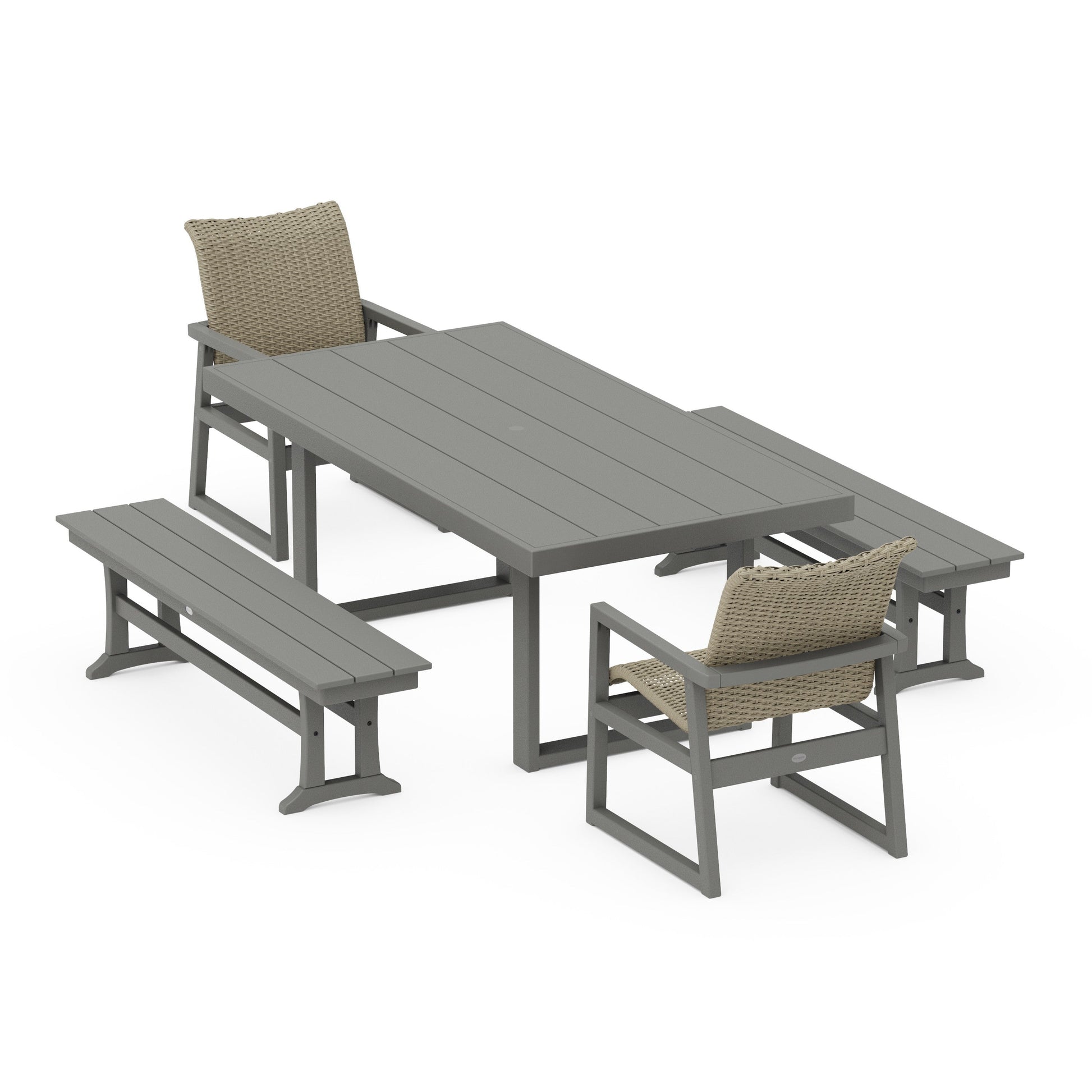 POLYWOOD EDGE Woven 5-Piece Dining Set with Benches — Slate Grey / Dune Grass