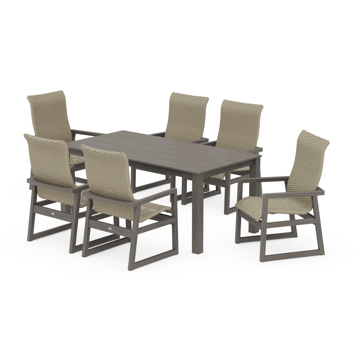 POLYWOOD EDGE Woven Highback Arm Chair 7-Piece Parsons Dining Set — Driftwood / Dune Grass