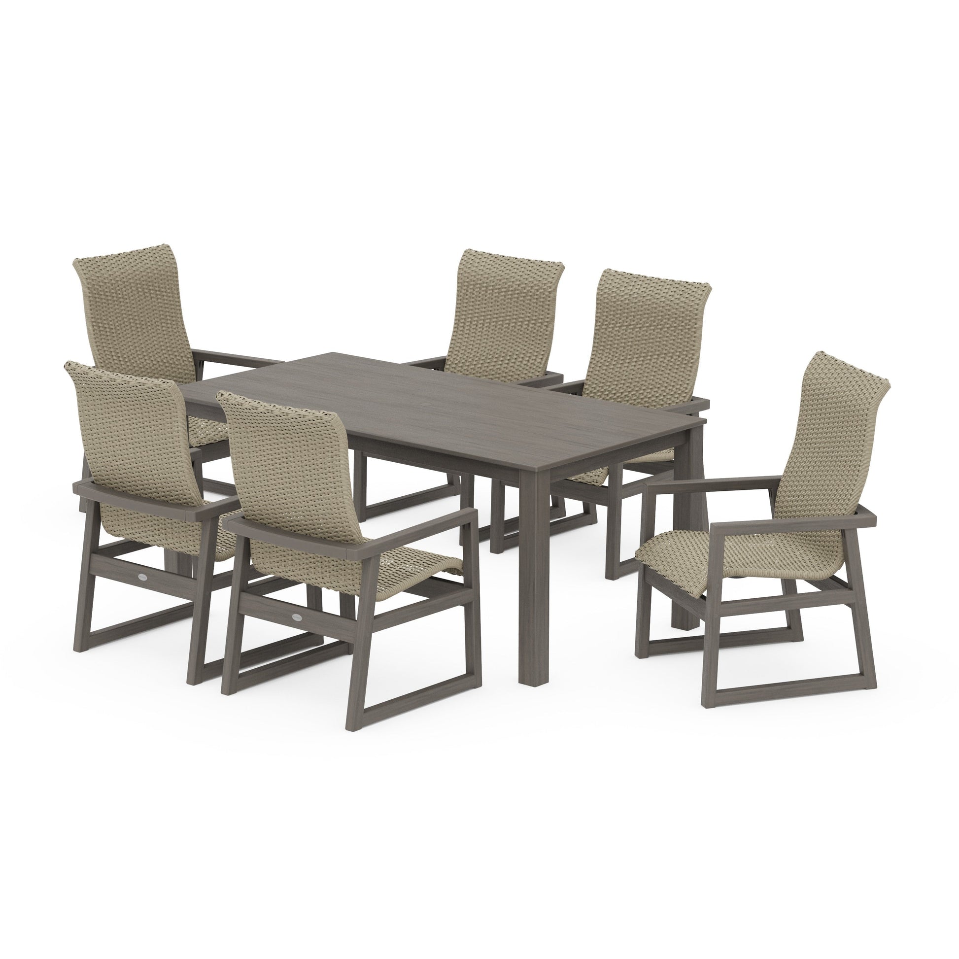 POLYWOOD EDGE Woven Highback Arm Chair 7-Piece Parsons Dining Set — Driftwood / Dune Grass