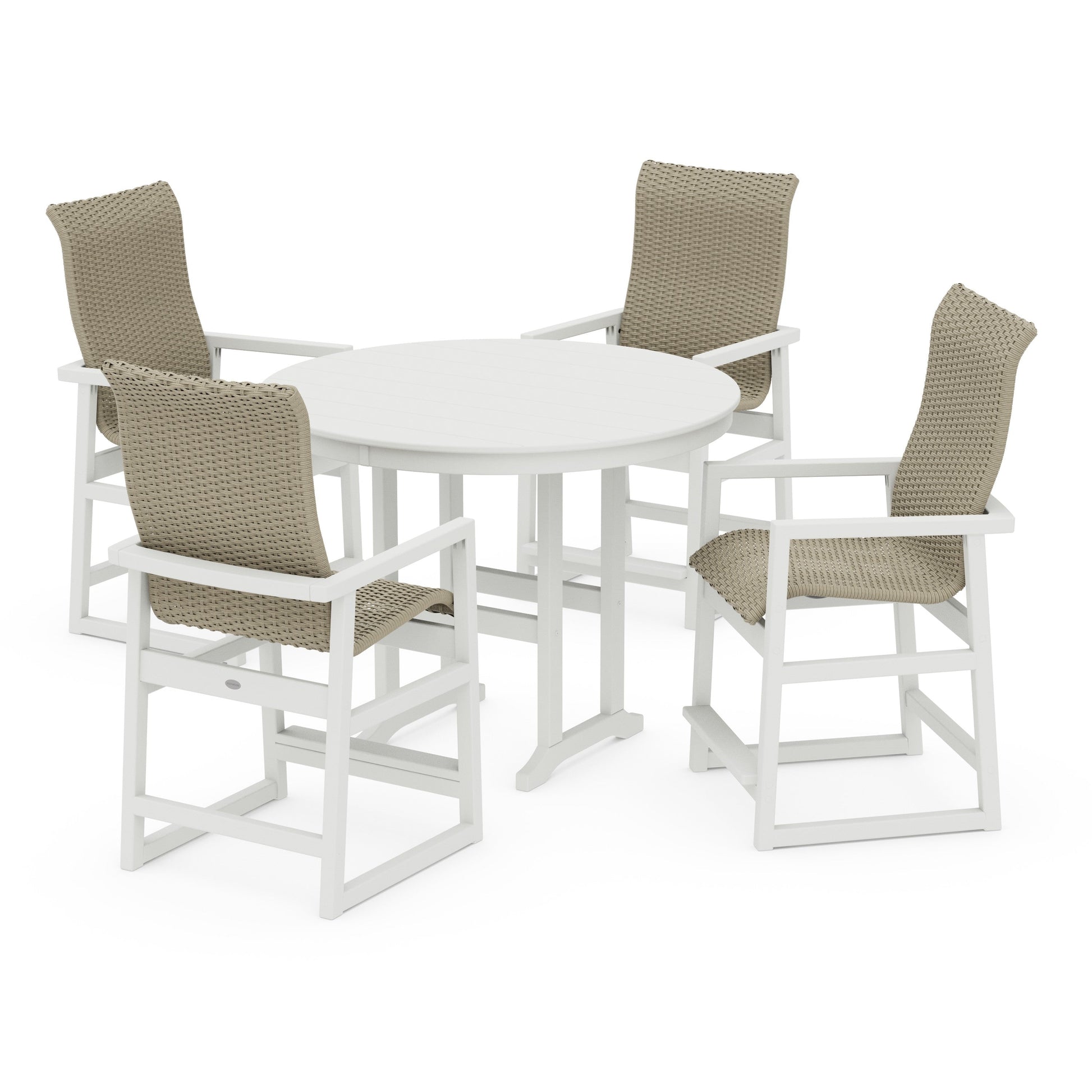 POLYWOOD EDGE Woven Highback 5-Piece Round Farmhouse Counter Set — Vintage White / Dune Grass