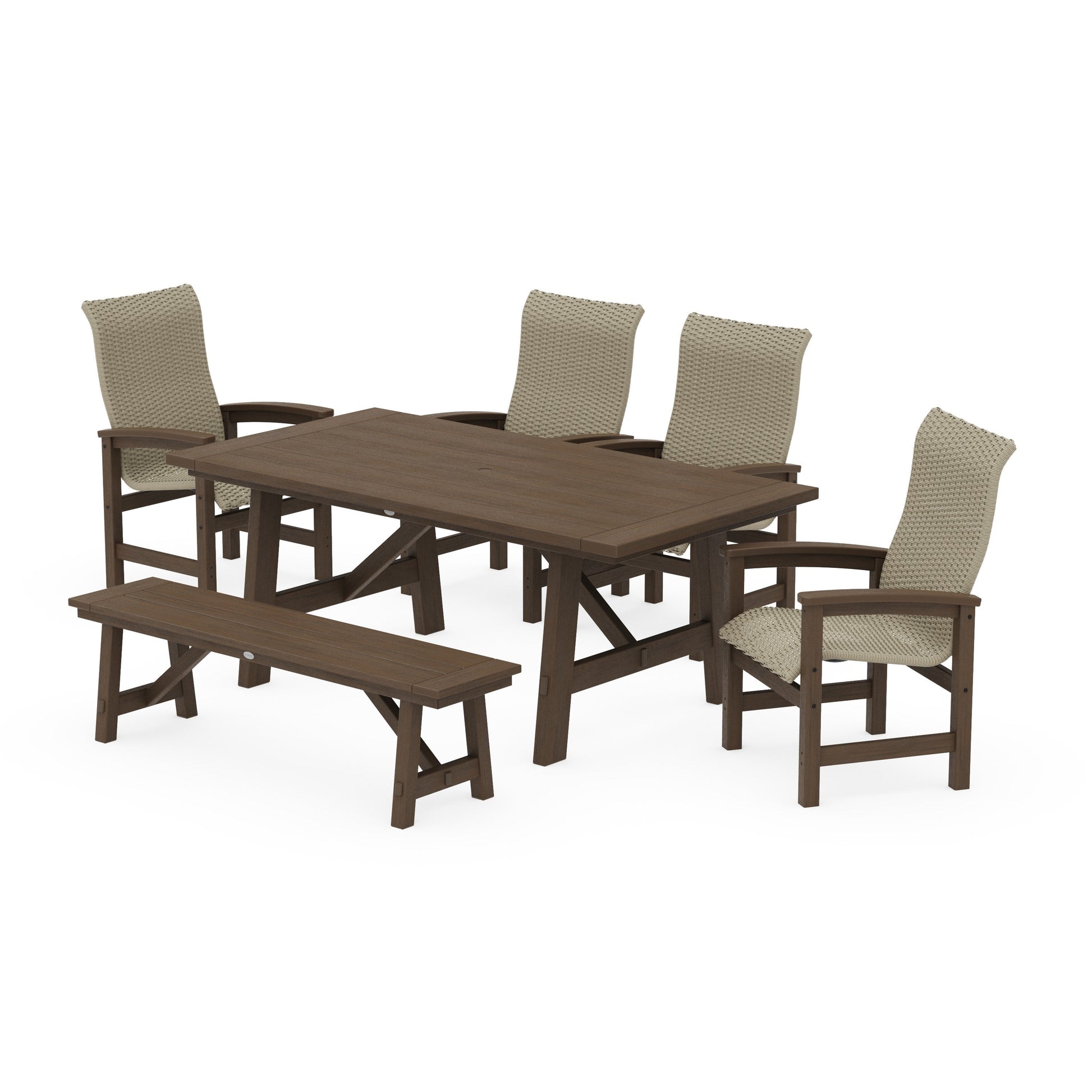 POLYWOOD Coastal Woven High-Back 6-Piece Rustic Farmhouse Dining Set with Bench — Kona / Dune Grass
