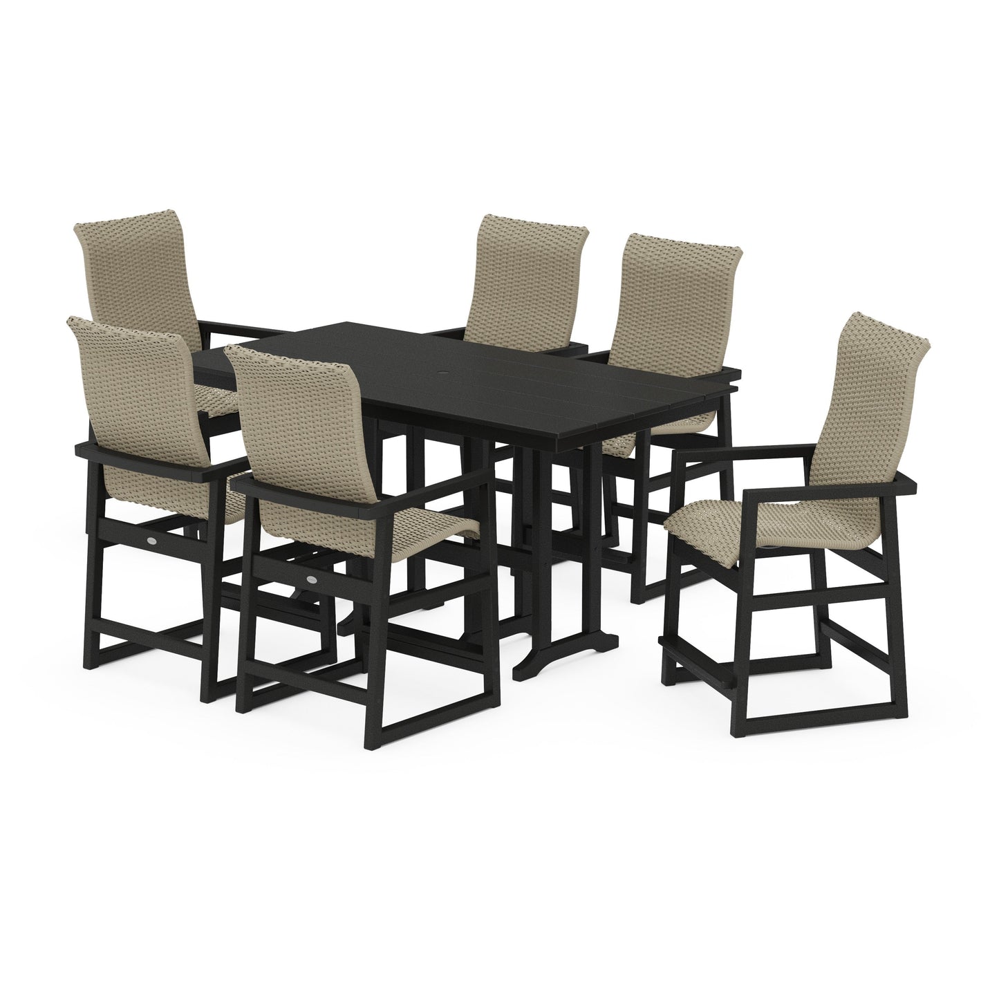 POLYWOOD EDGE Woven Highback Arm Chair 7-Piece Farmhouse Counter Set — Black / Dune Grass