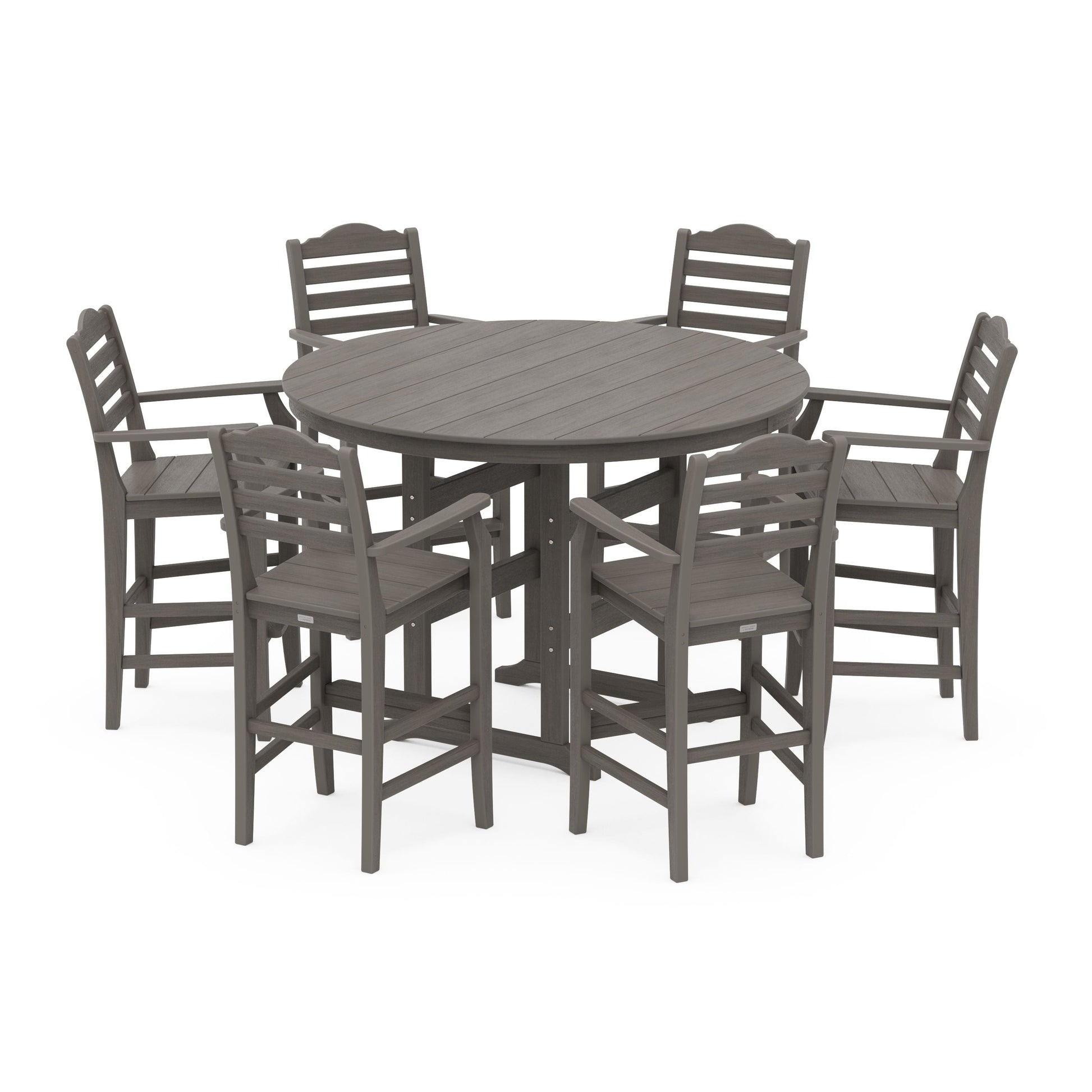 POLYWOOD Savannah 7-Piece Arm Chair Round Farmhouse Bar Set — Driftwood