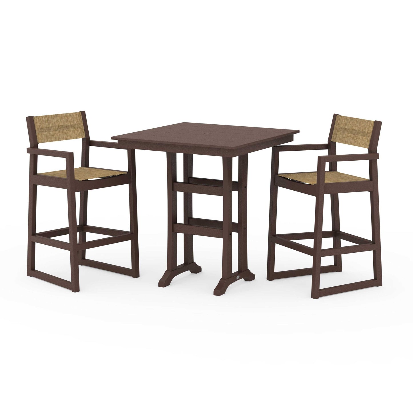 POLYWOOD EDGE Sling Arm Chair 3-Piece Farmhouse Bar Set with Trestle Legs — Mahogany / Burlap Sling