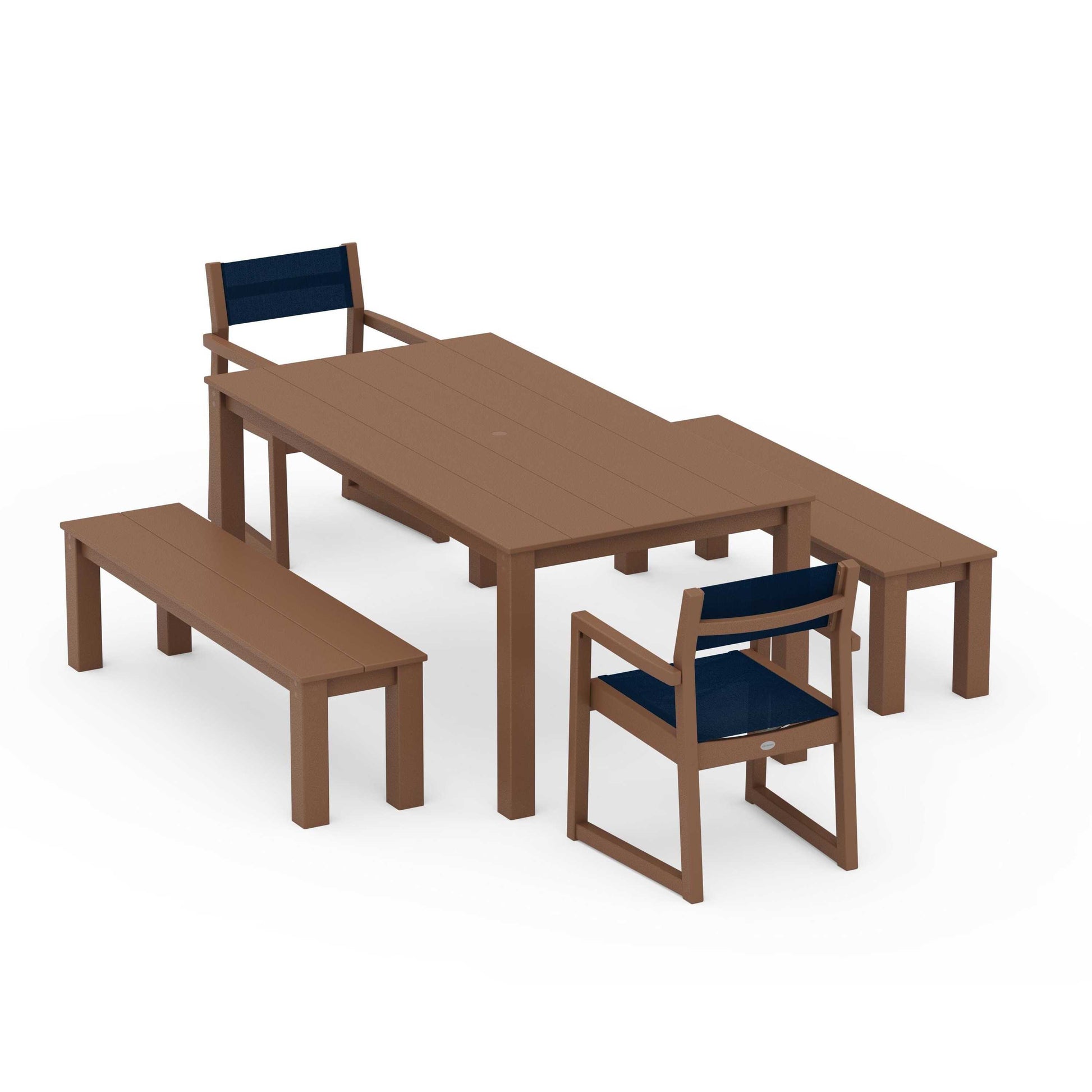 POLYWOOD EDGE Sling Arm Chair 5-Piece Parsons Dining Set with Benches — Teak / Navy Blue Sling