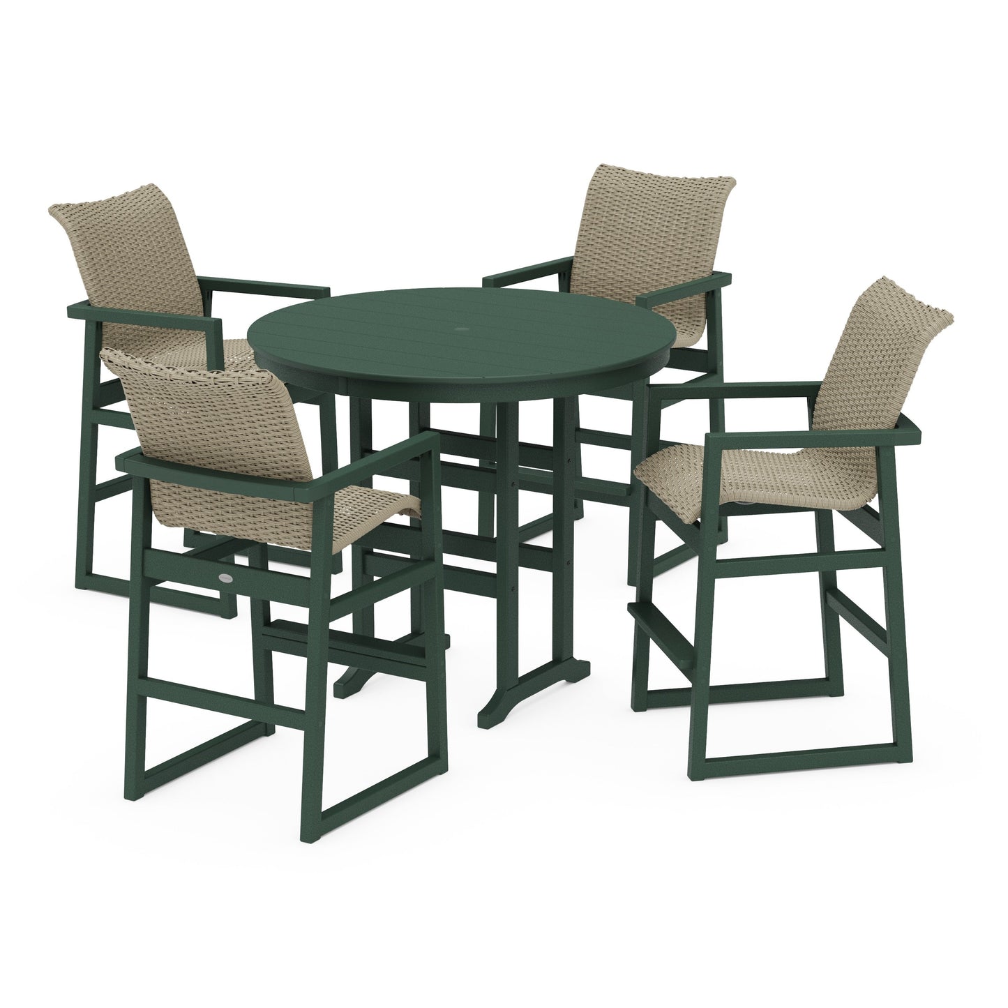 POLYWOOD EDGE Woven 5-Piece Round Farmhouse Bar Set — Green / Dune Grass