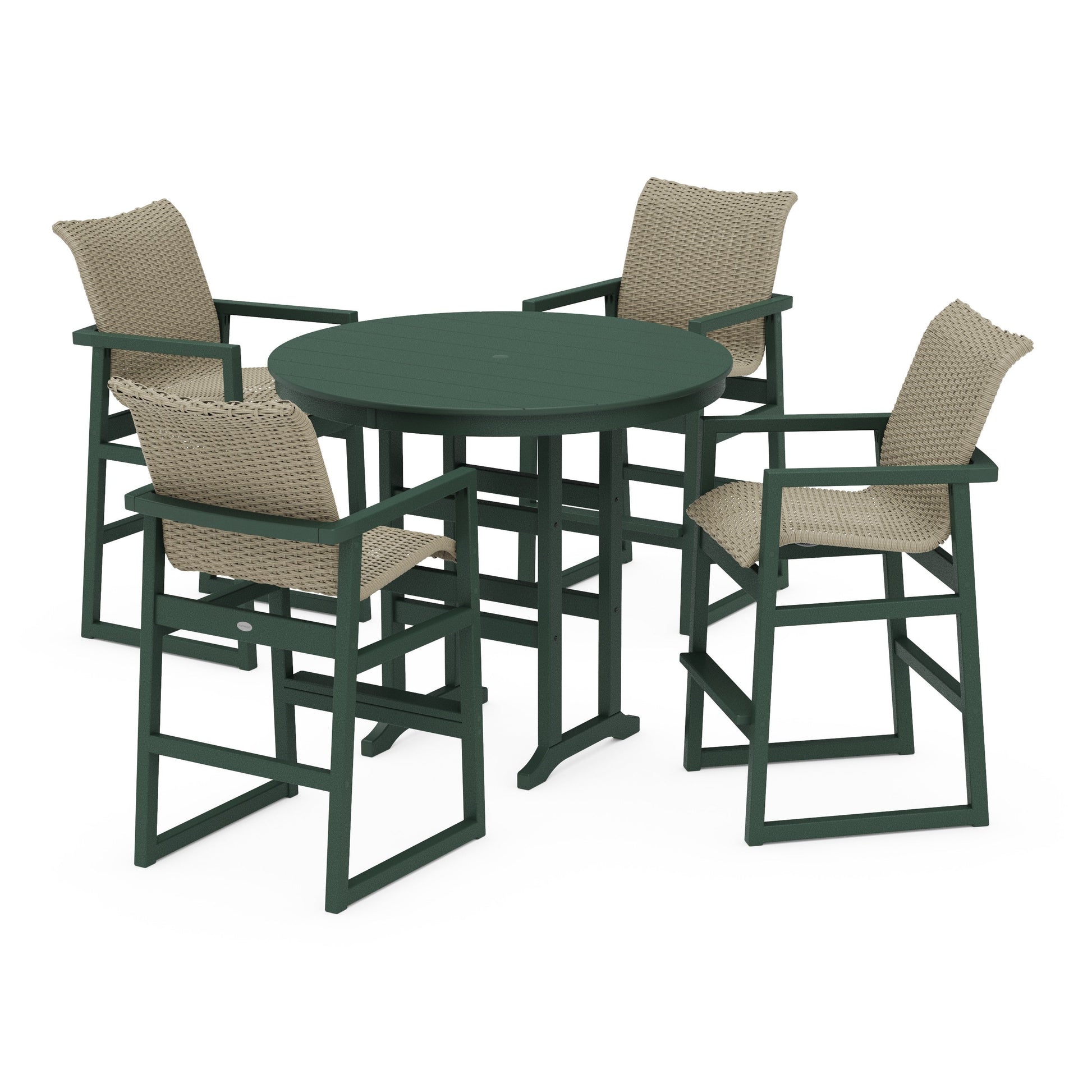 POLYWOOD EDGE Woven 5-Piece Round Farmhouse Bar Set — Green / Dune Grass