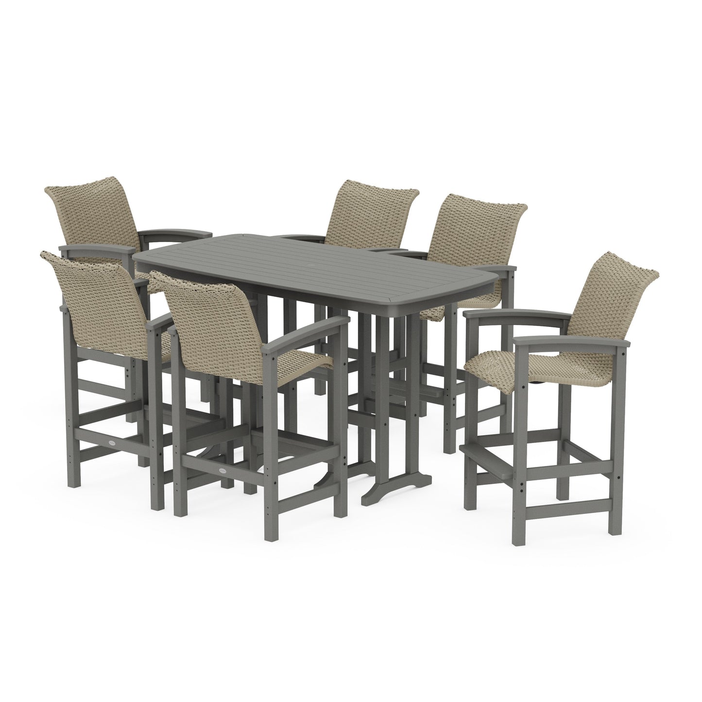 POLYWOOD Coastal Woven Arm Chair 7-Piece Bar Set — Slate Grey / Dune Grass