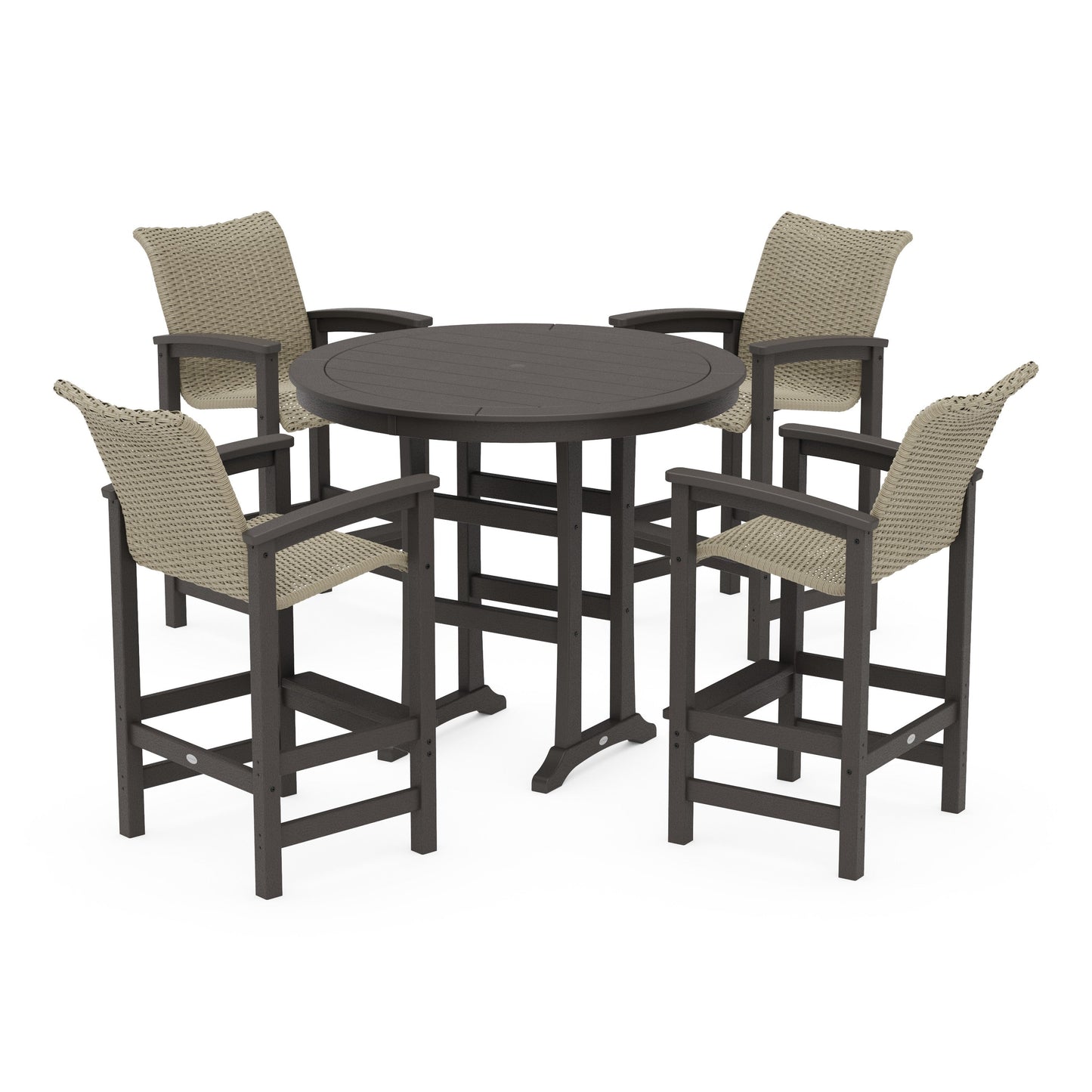 POLYWOOD Coastal Woven 5-Piece Round Bar Set — Vintage Coffee / Dune Grass