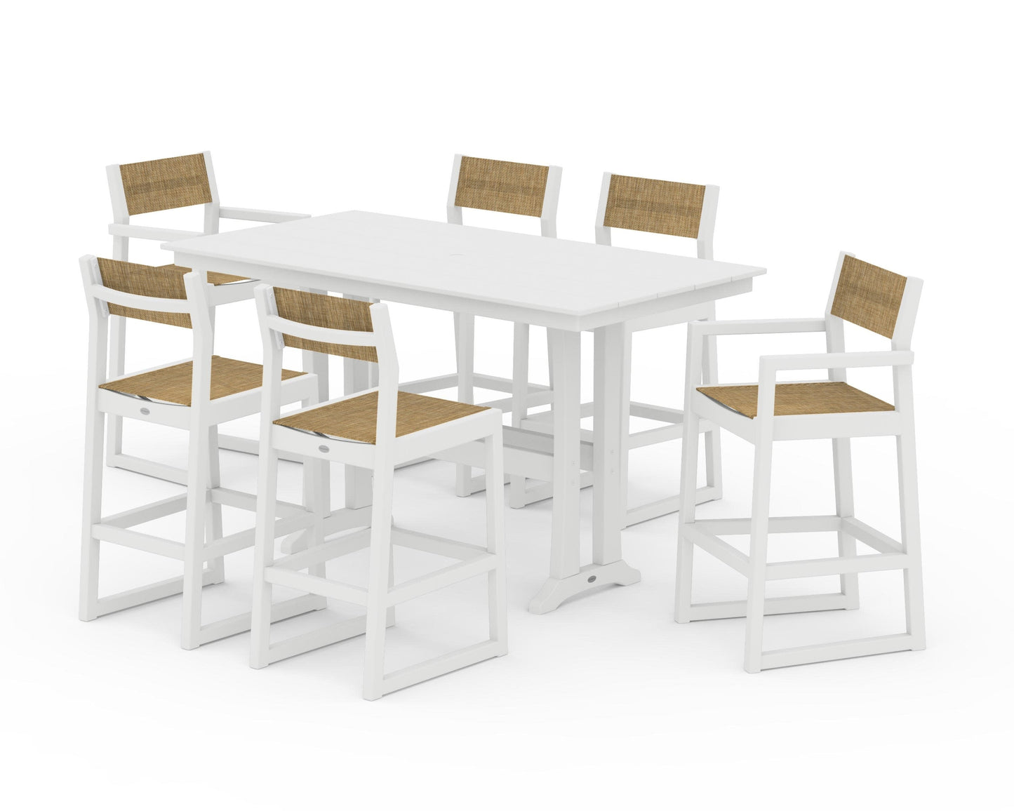 POLYWOOD EDGE Sling 7-Piece Farmhouse Bar Set with Trestle Legs — White / Burlap Sling