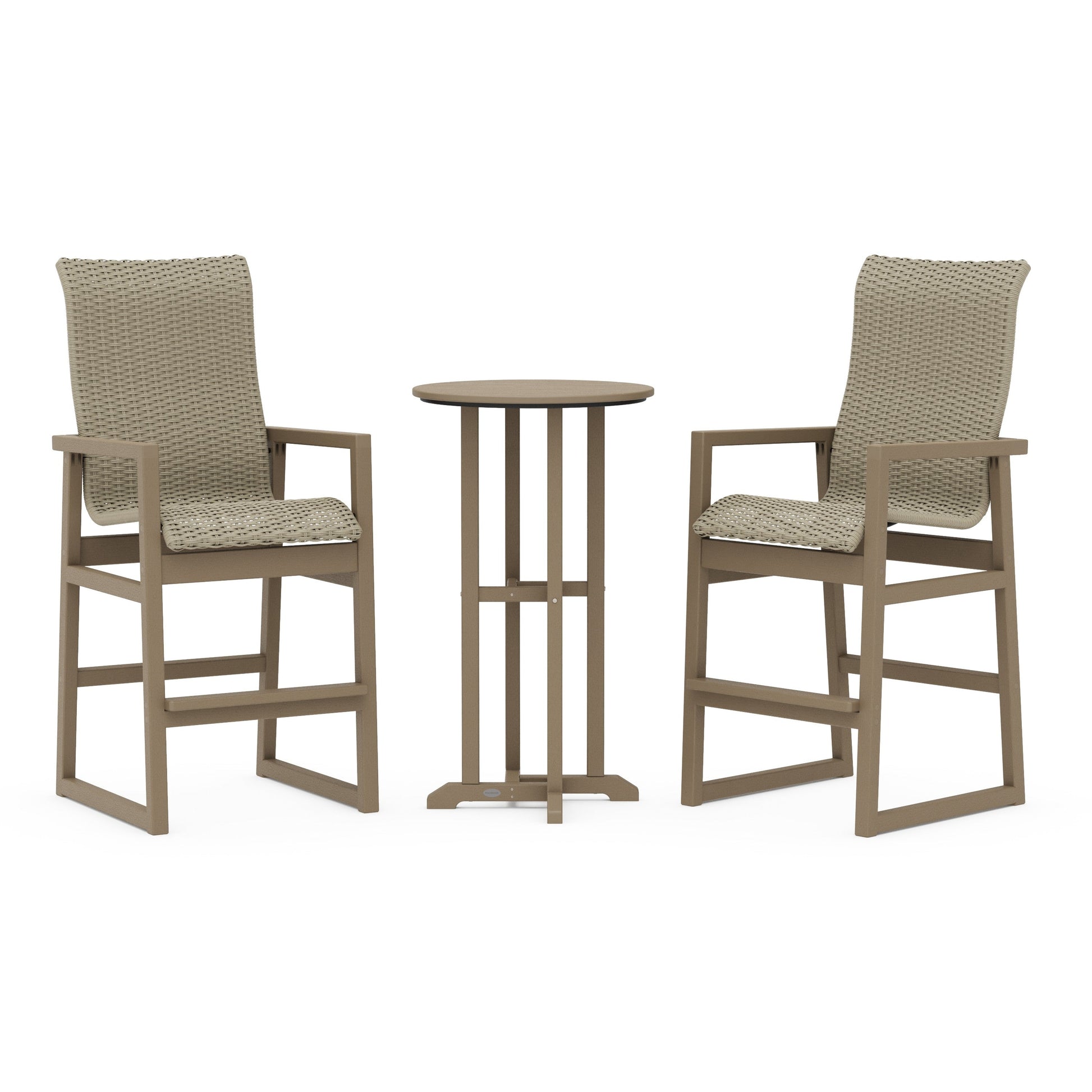 POLYWOOD EDGE Woven Highback 3-Piece Farmhouse Bar Set — Vintage Sahara / Dune Grass
