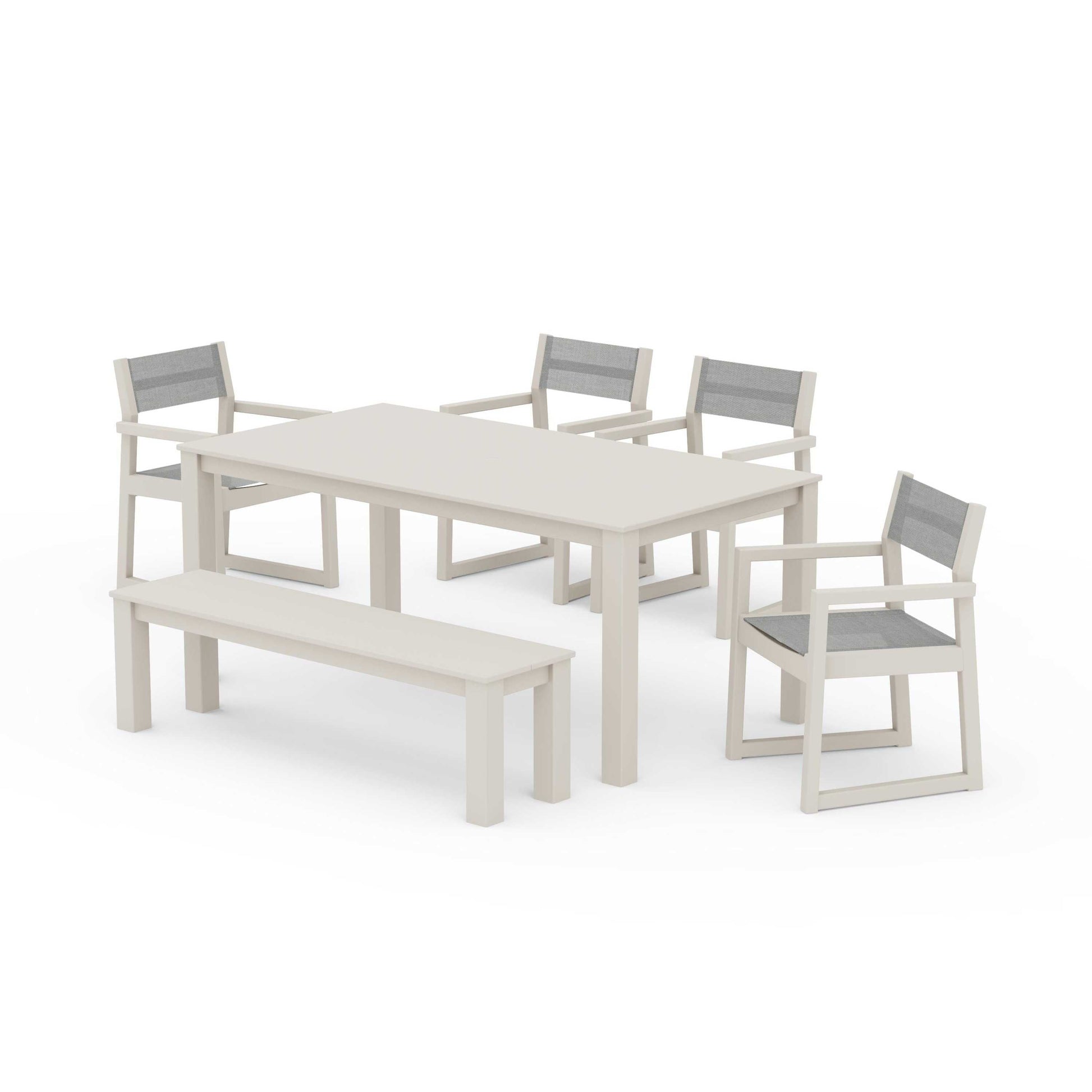 POLYWOOD EDGE Sling Arm Chair 6-Piece Parsons Dining Set with Bench — Sand / Metallic Sling