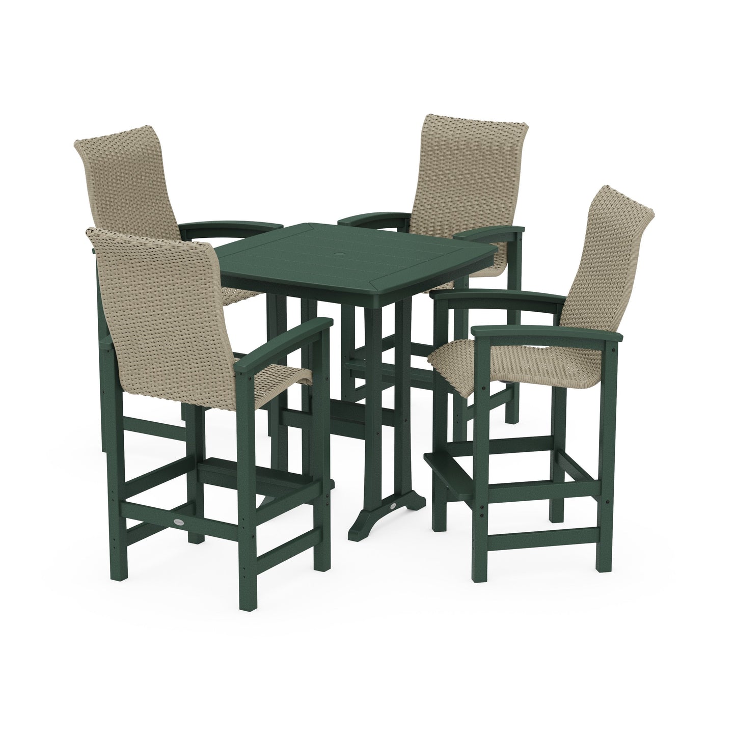 POLYWOOD Coastal Woven High-Back 5-Piece Bar Set with Trestle Legs — Green / Dune Grass