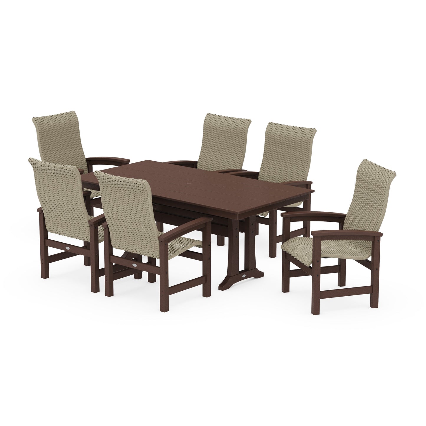 POLYWOOD Coastal Woven High-Back Arm Chair 7-Piece Farmhouse Dining Set with Trestle Legs — Mahogany / Dune Grass