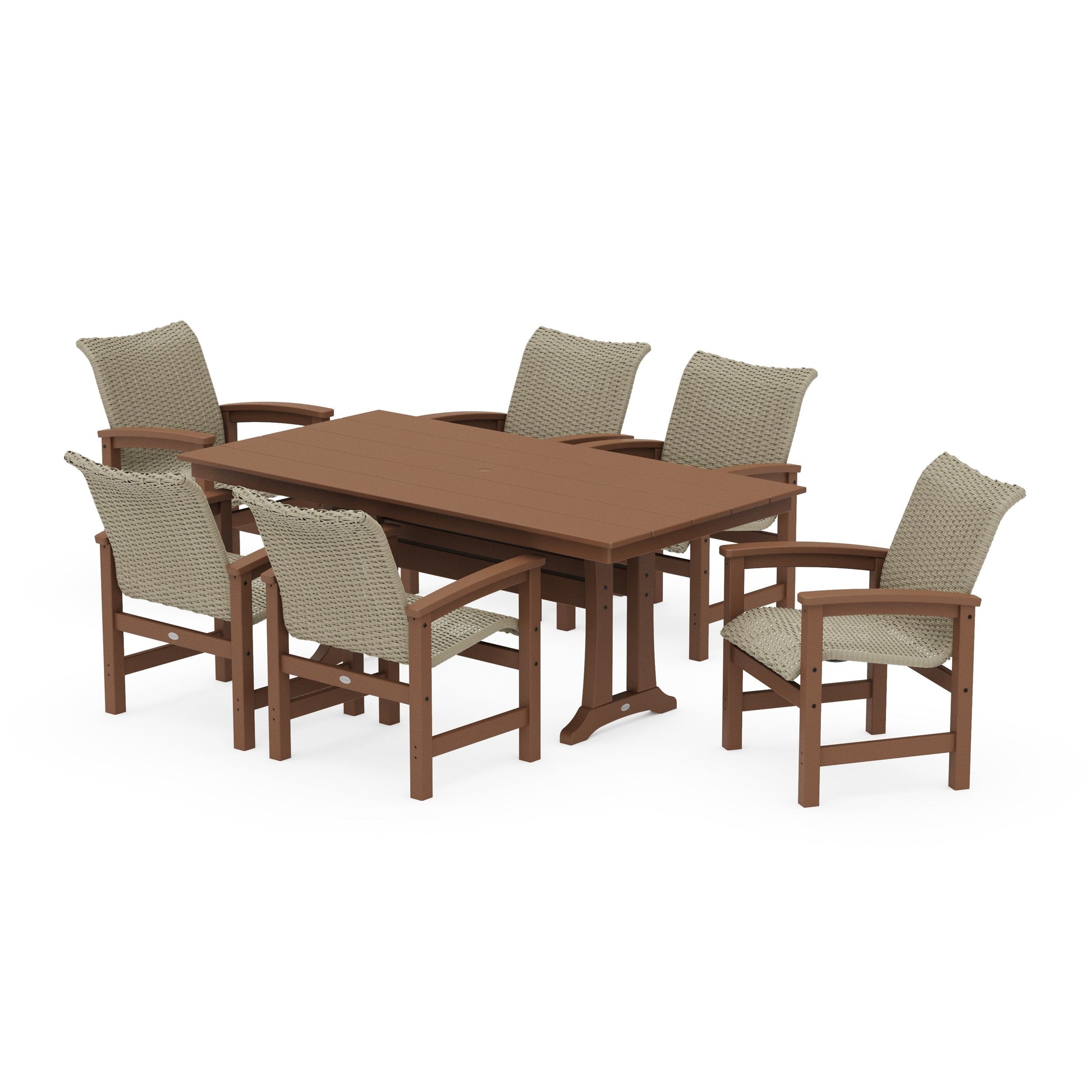 POLYWOOD Coastal Woven Arm Chair 7-Piece Farmhouse Dining Set with Trestle Legs — Teak / Dune Grass