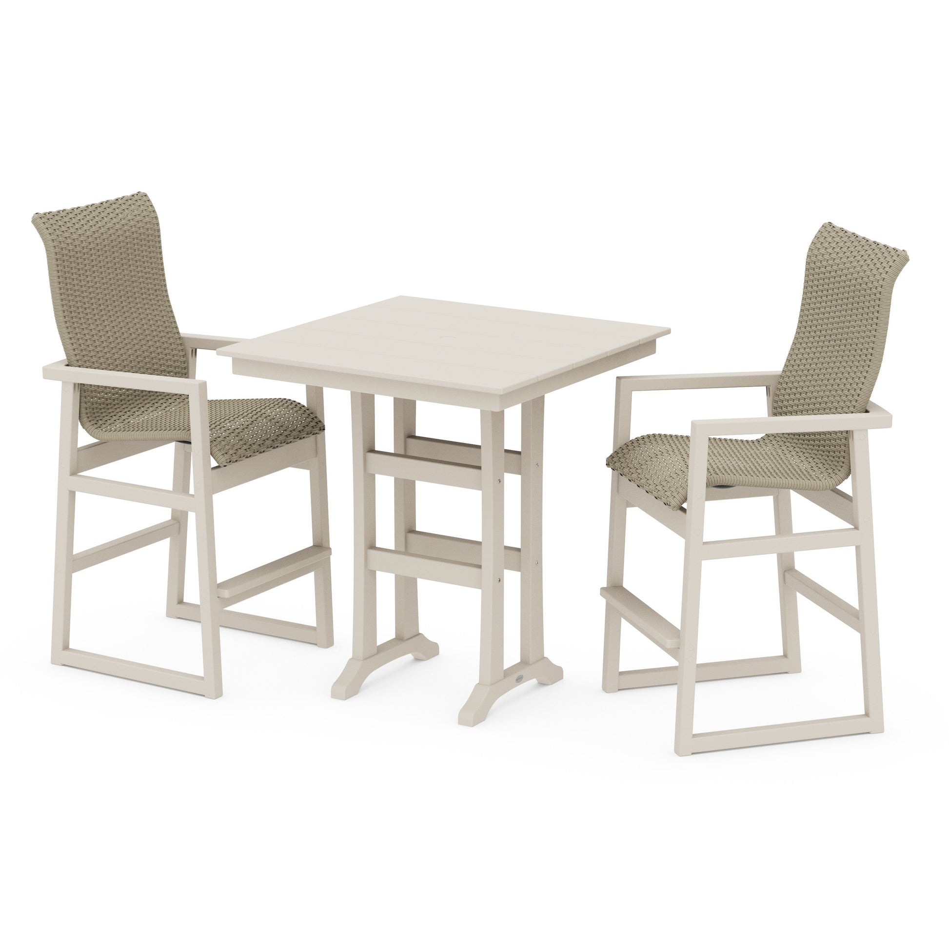 POLYWOOD EDGE Woven Highback 3-Piece Farmhouse Bar Set with Trestle Legs — Sand / Dune Grass