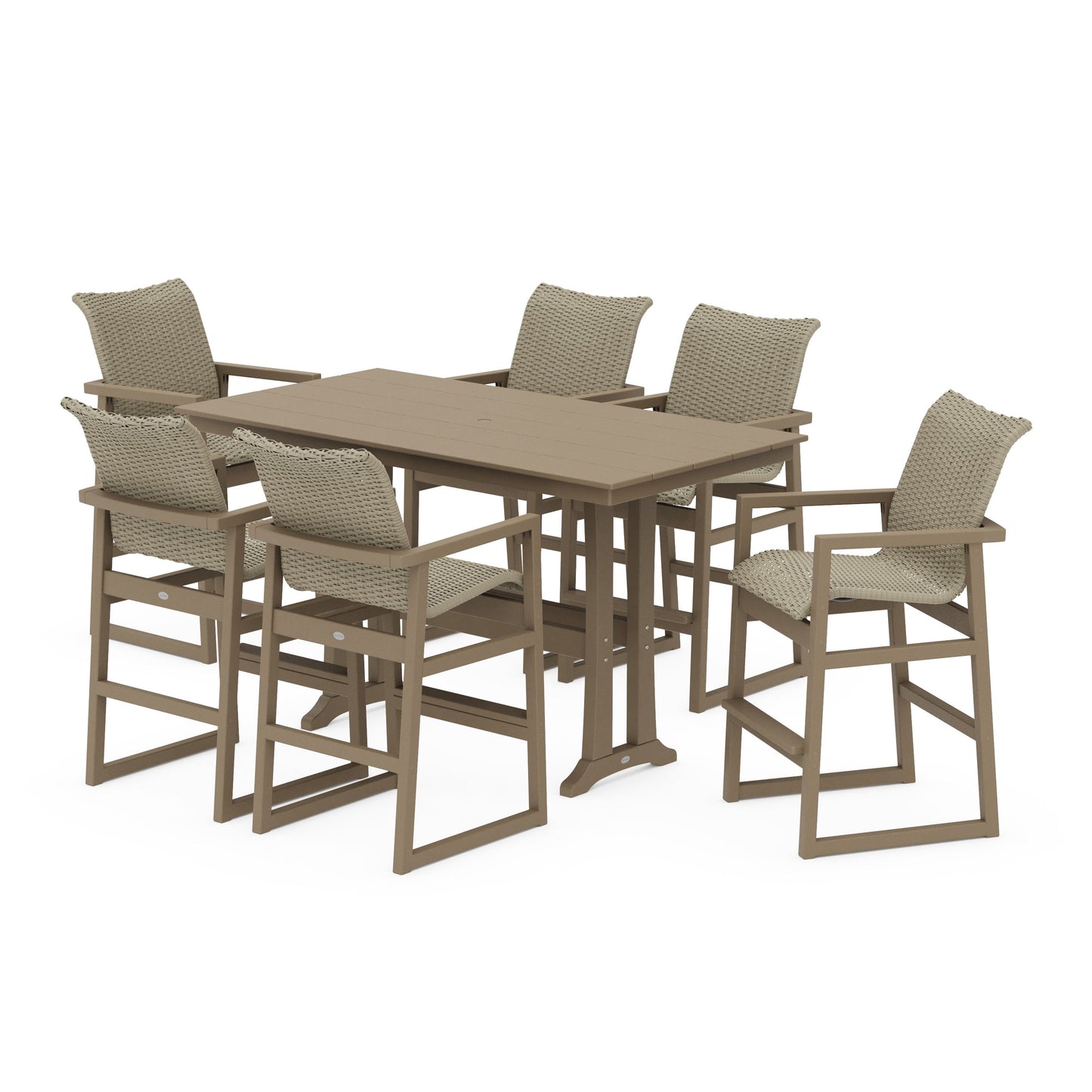 POLYWOOD EDGE Woven Arm Chair 7-Piece Farmhouse Bar Set with Trestle Legs — Vintage Sahara / Dune Grass
